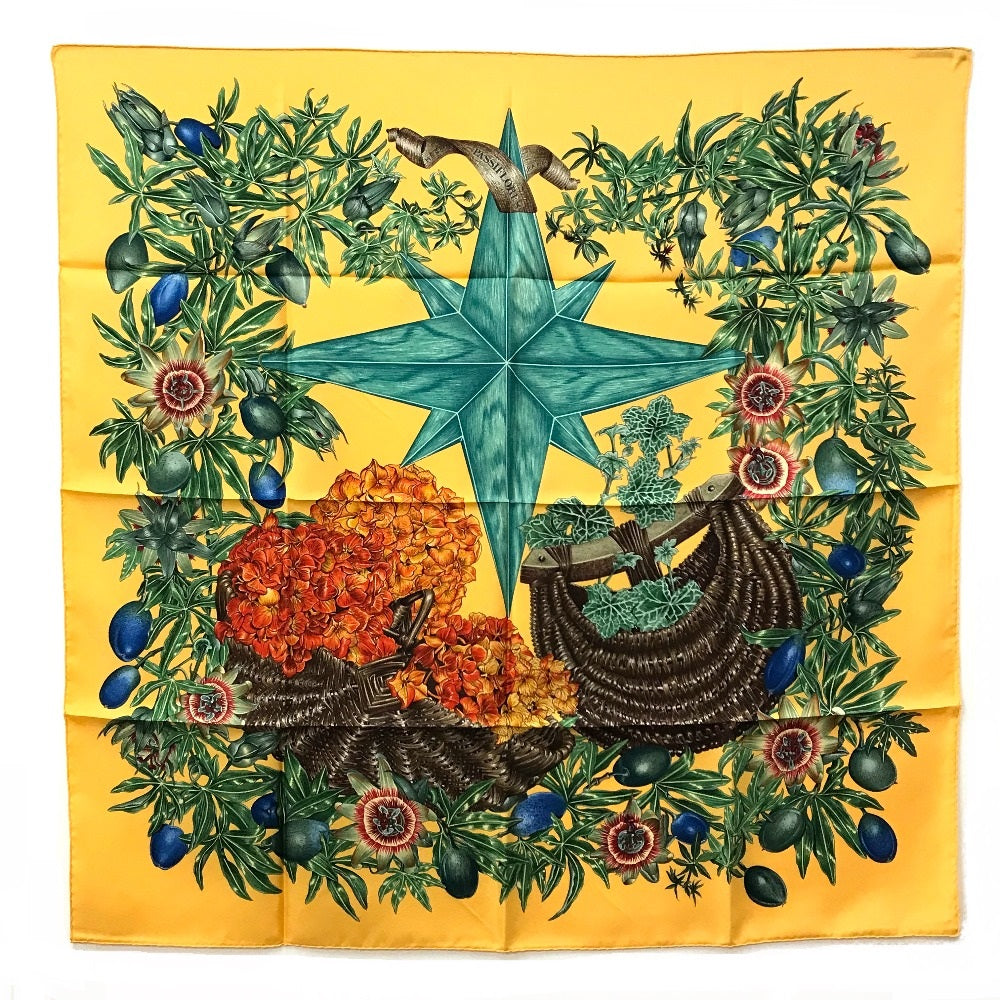 HERMES scarf silk Yellow x green Carre90 Passiflores Passion Flower Women Used