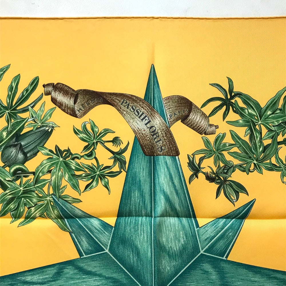 HERMES scarf silk Yellow x green Carre90 Passiflores Passion Flower Women Used