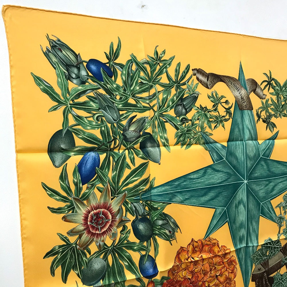 HERMES scarf silk Yellow x green Carre90 Passiflores Passion Flower Women Used