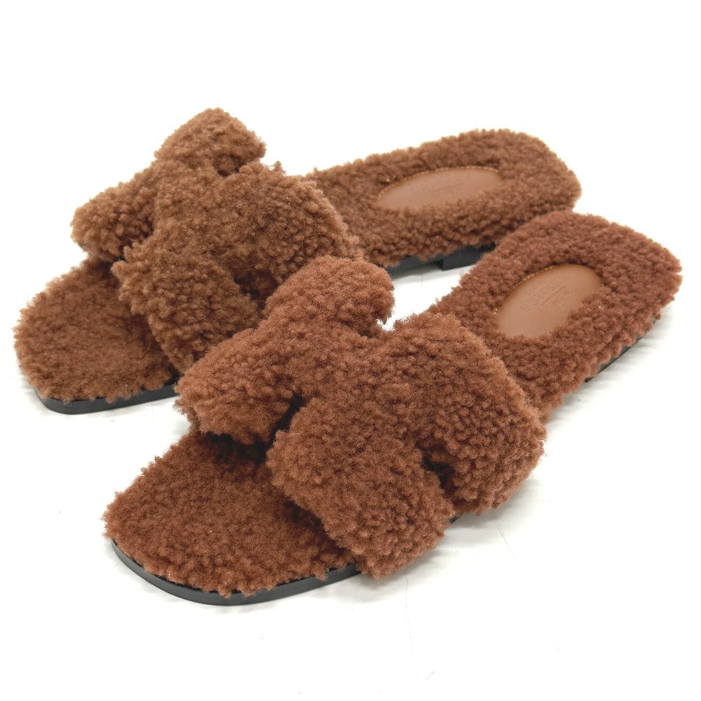 HERMES Sandals Sheepskin Brown Oran 37