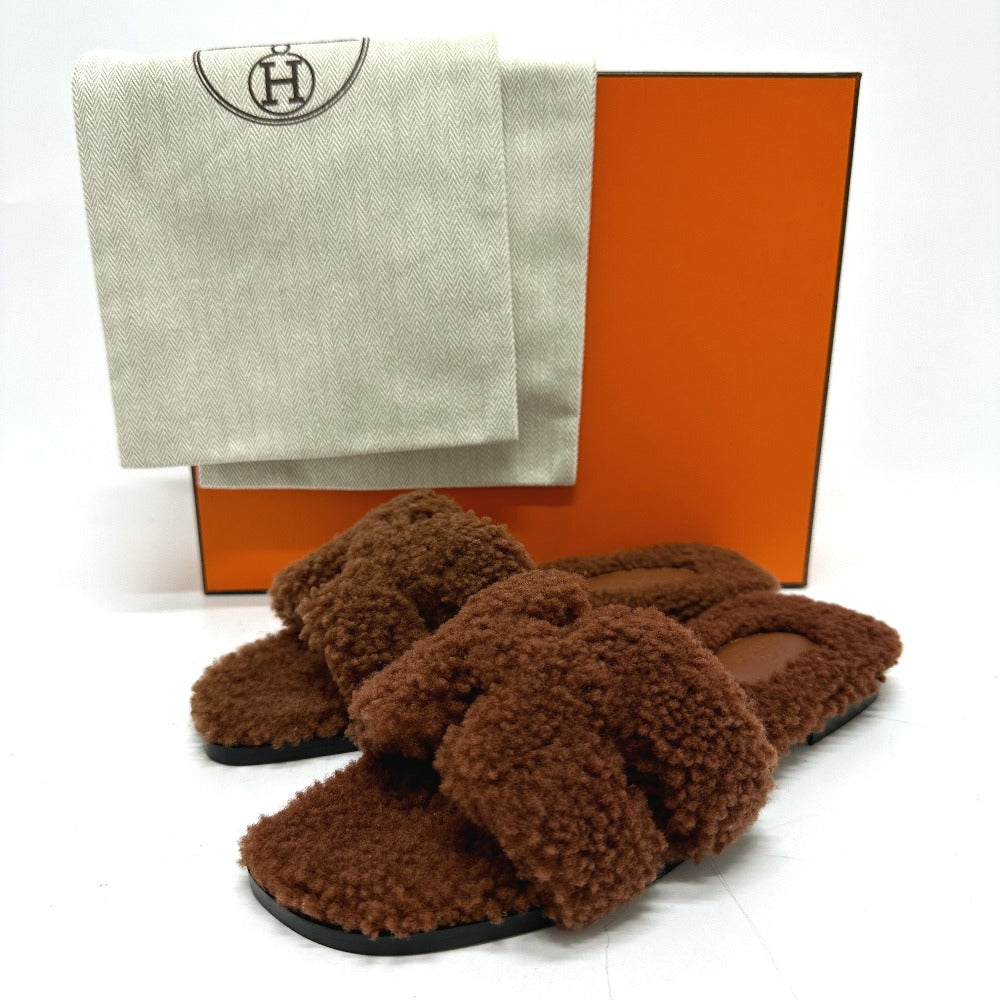 HERMES Sandals Sheepskin Brown Oran 37