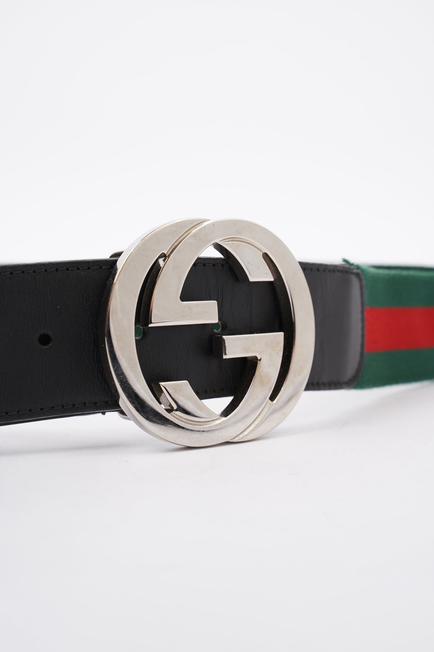Gucci GG Interlocking Belt Silver / Green / Red Leather 95cm 38"