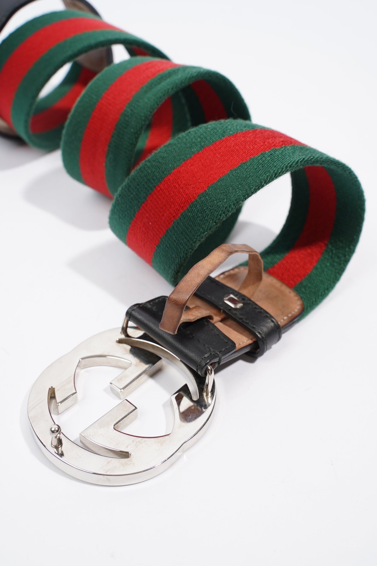 Gucci GG Interlocking Belt Silver / Green / Red Leather 95cm 38"