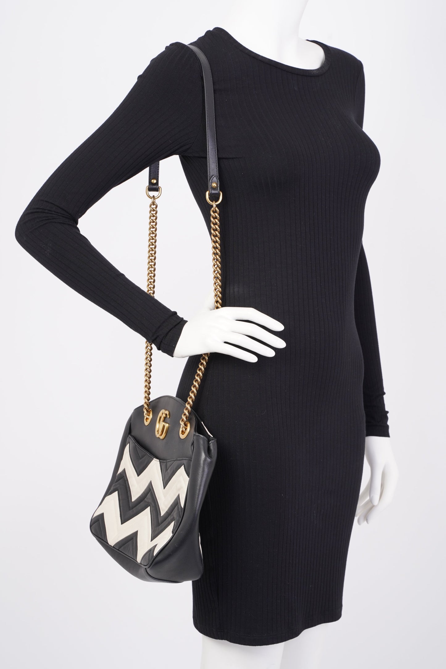 Gucci GG Marmont Zig Zag Black / White Matelasse Leather Medium