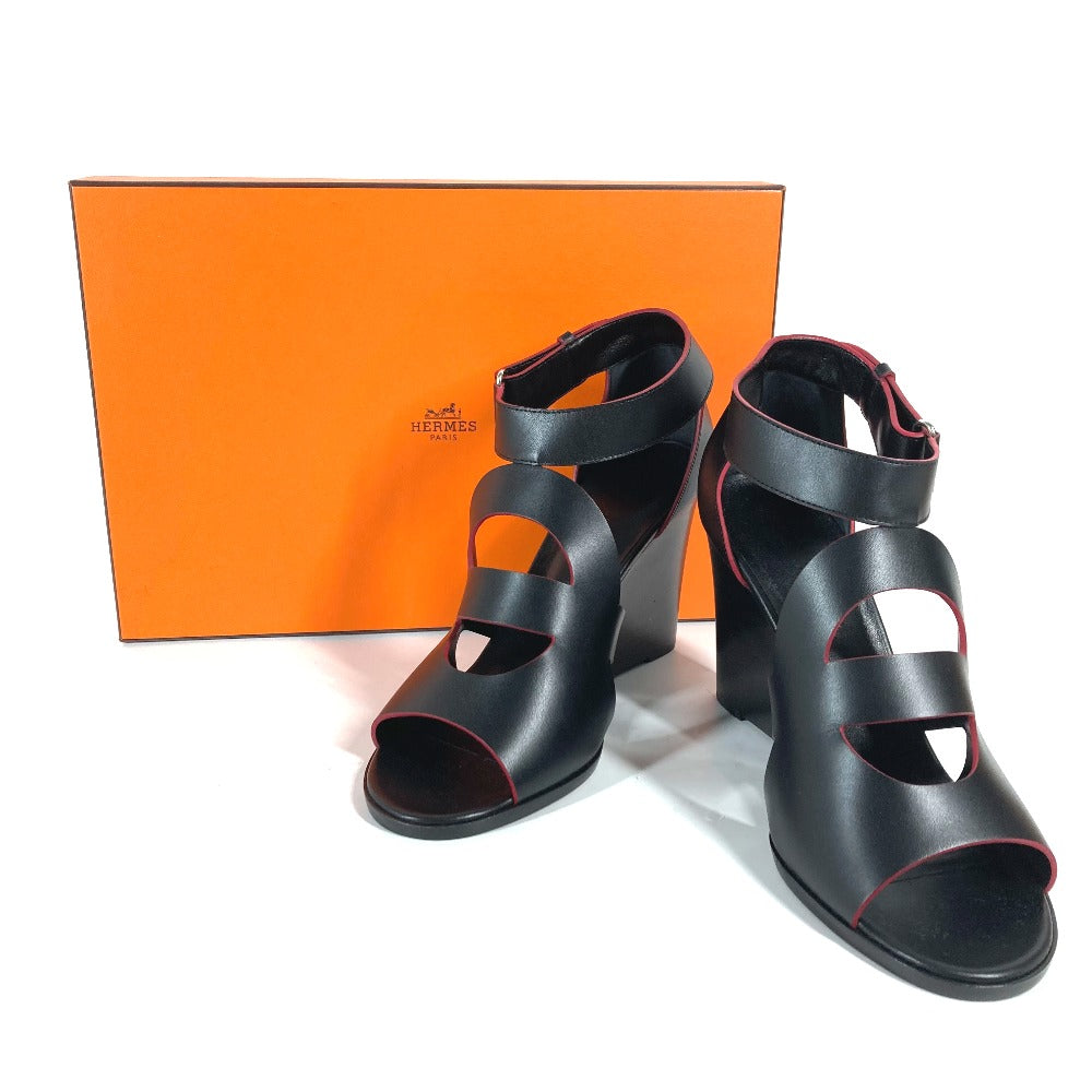 HERMES Sandals leather black Shoes Heels Bicolor Chene Dunkle Women 37 Used