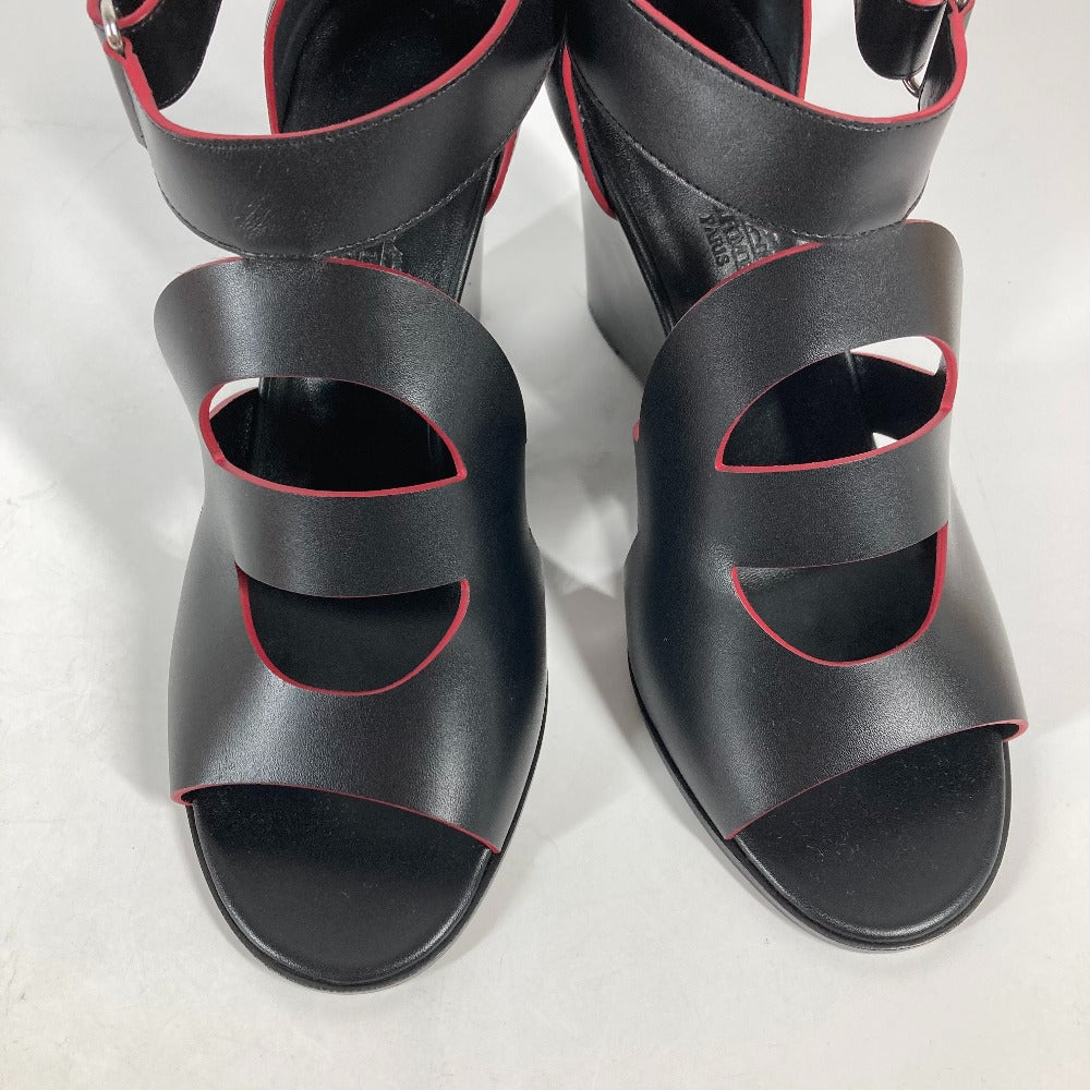HERMES Sandals leather black Shoes Heels Bicolor Chene Dunkle Women 37 Used