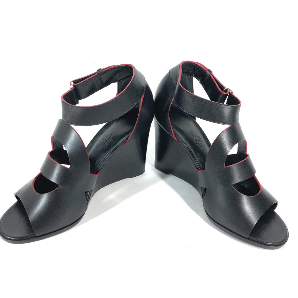 HERMES Sandals leather black Shoes Heels Bicolor Chene Dunkle Women 37 Used