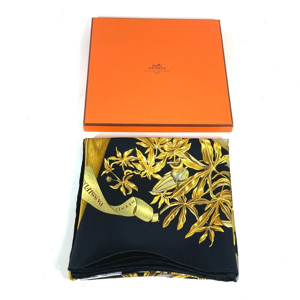 HERMES scarf silk black Carre90 PASSIFLORES Passion Flower Women Used