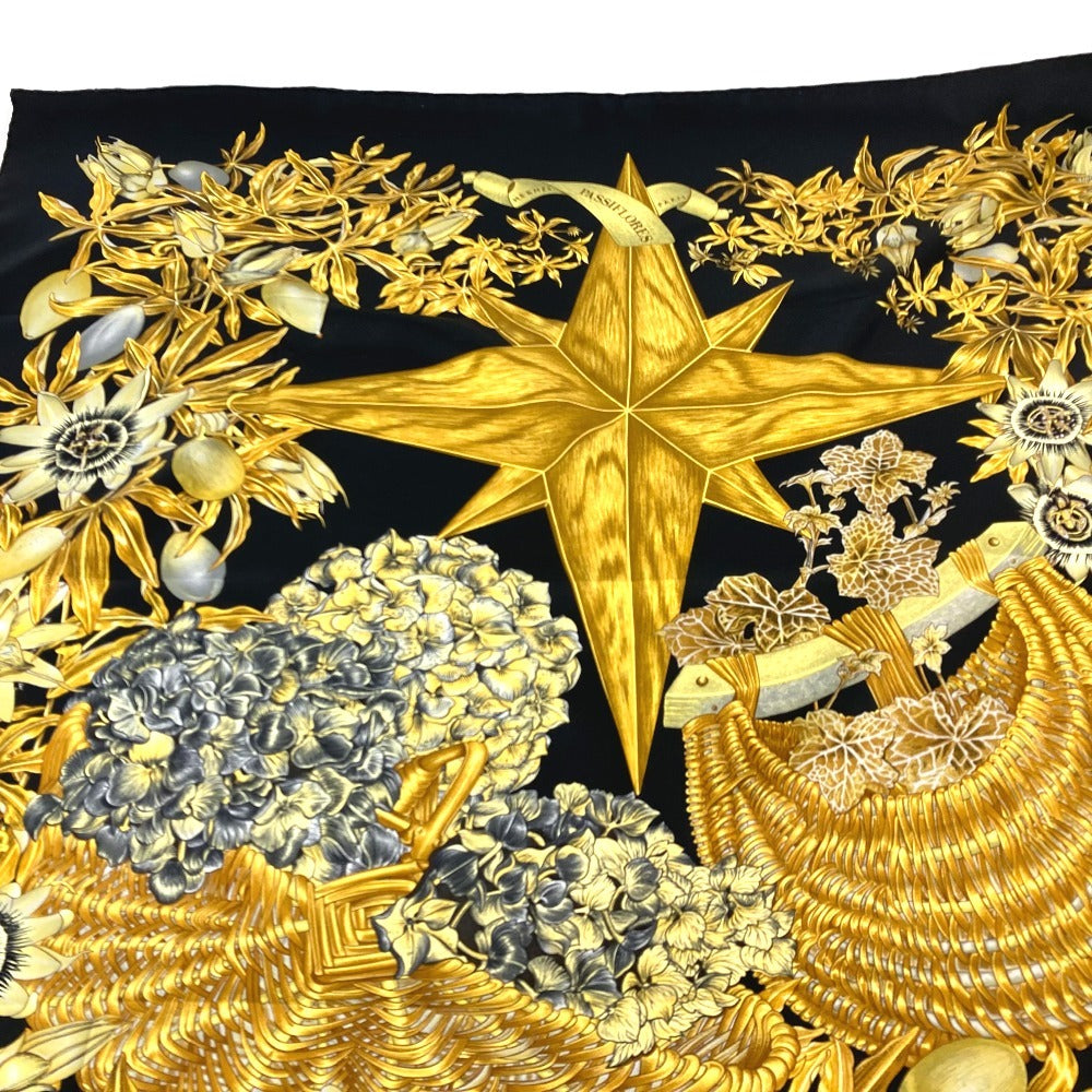 HERMES scarf silk black Carre90 PASSIFLORES Passion Flower Women Used