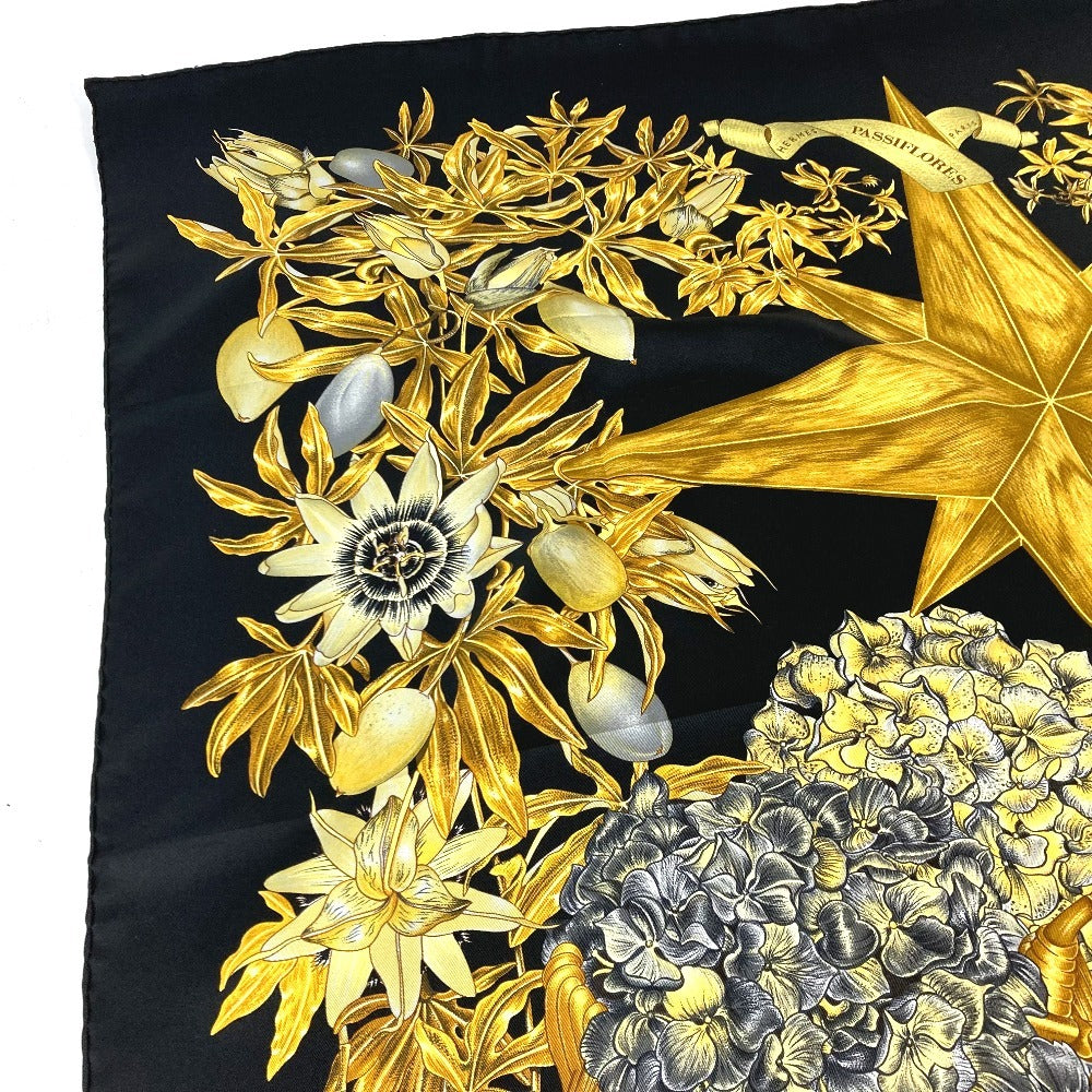 HERMES scarf silk black Carre90 PASSIFLORES Passion Flower Women Used