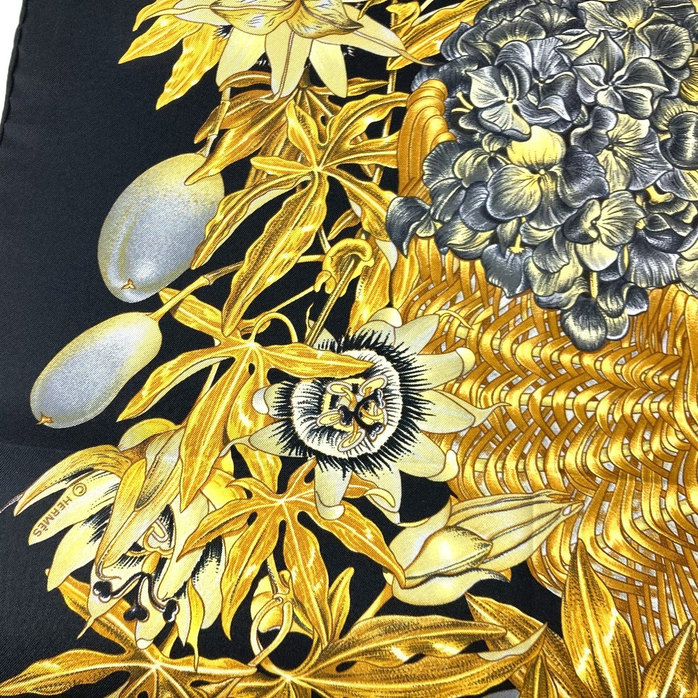 HERMES scarf silk black Carre90 PASSIFLORES Passion Flower Women Used