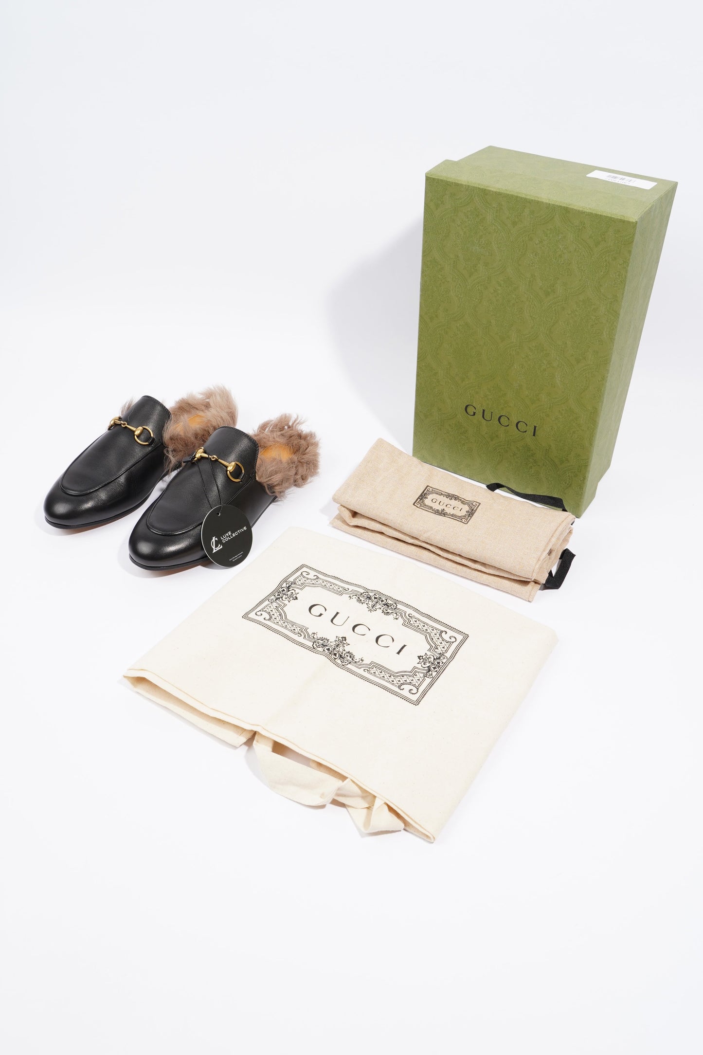 Gucci 2015 Re-Edition Princetown Horsebit Black / Brown Fur Leather EU 38 UK 5