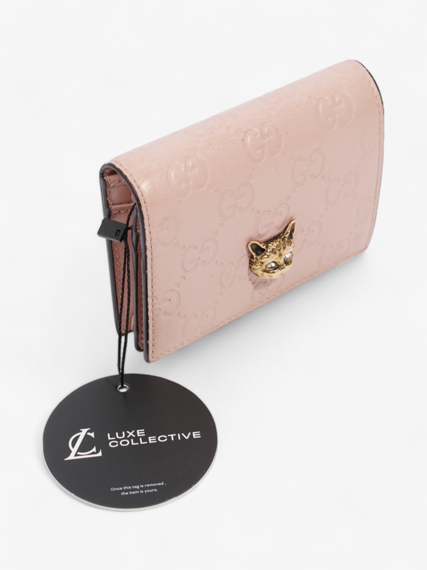Gucci Guccissima Signature Crystal Cat Card Case Wallet Light Candy Pink Calfskin Leather