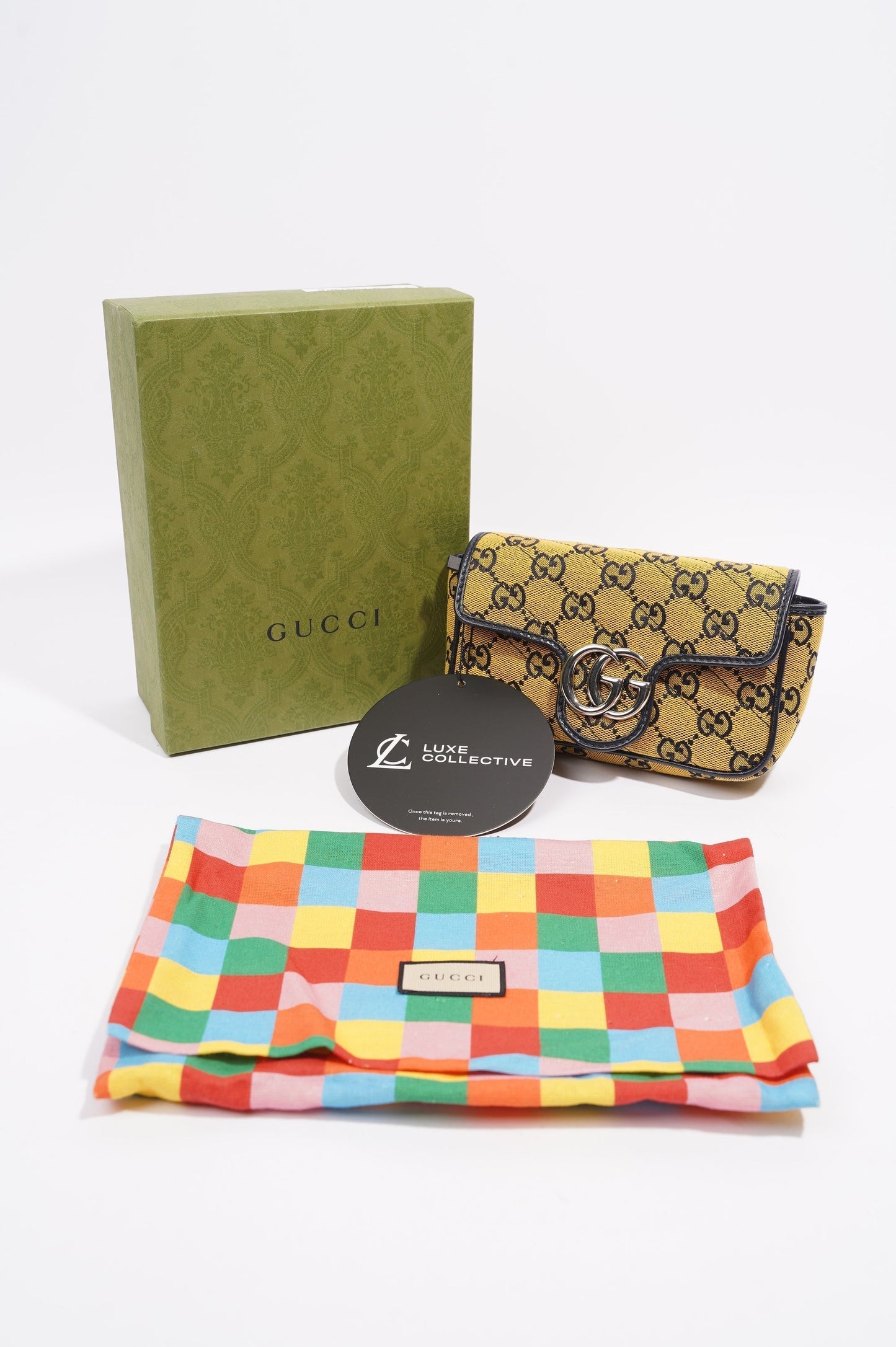 Gucci GG Marmont Flap Bag Yellow / Navy Canvas Super Mini