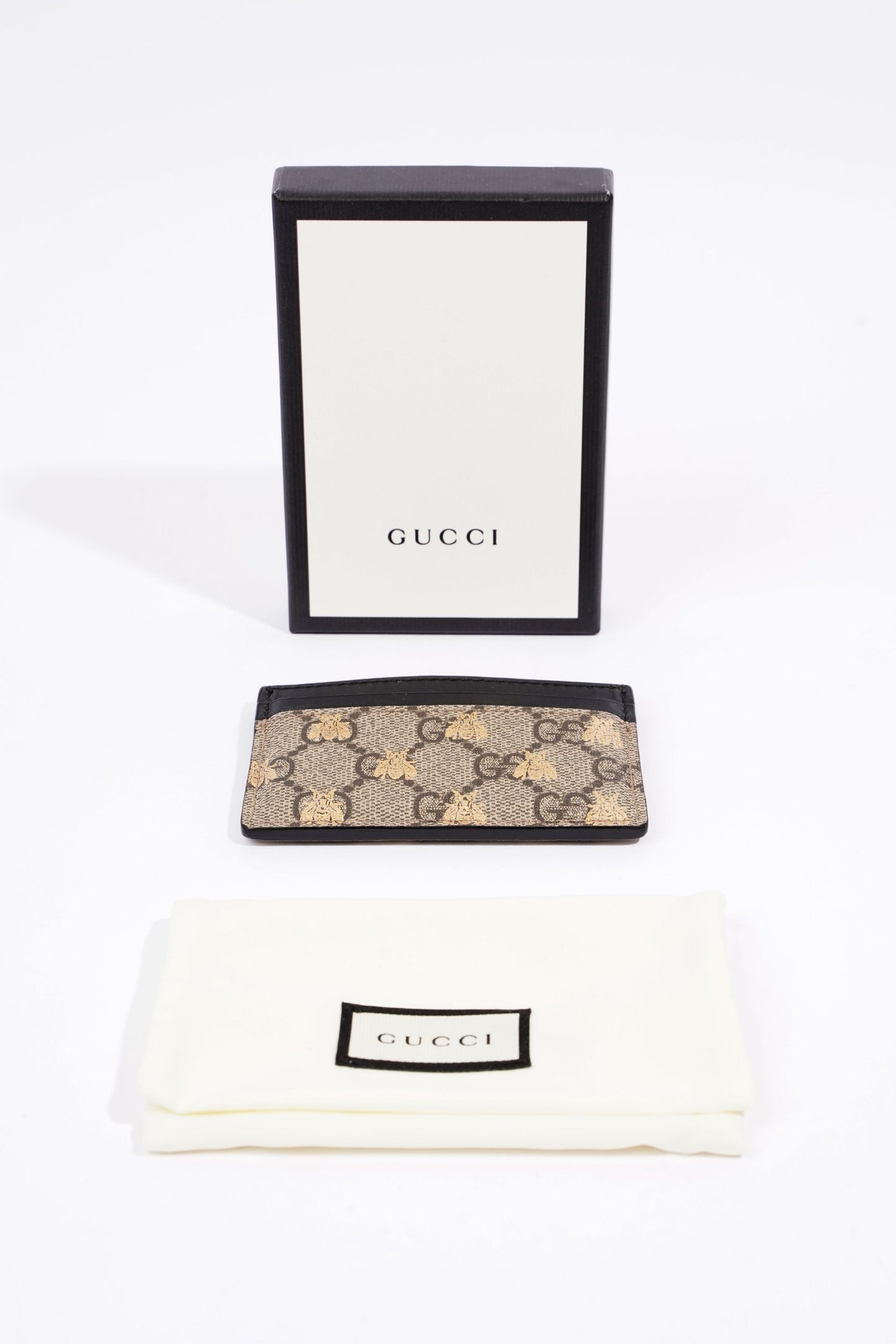 Gucci GG Supreme Bee Card Case Beige / Gold / Black Canvas