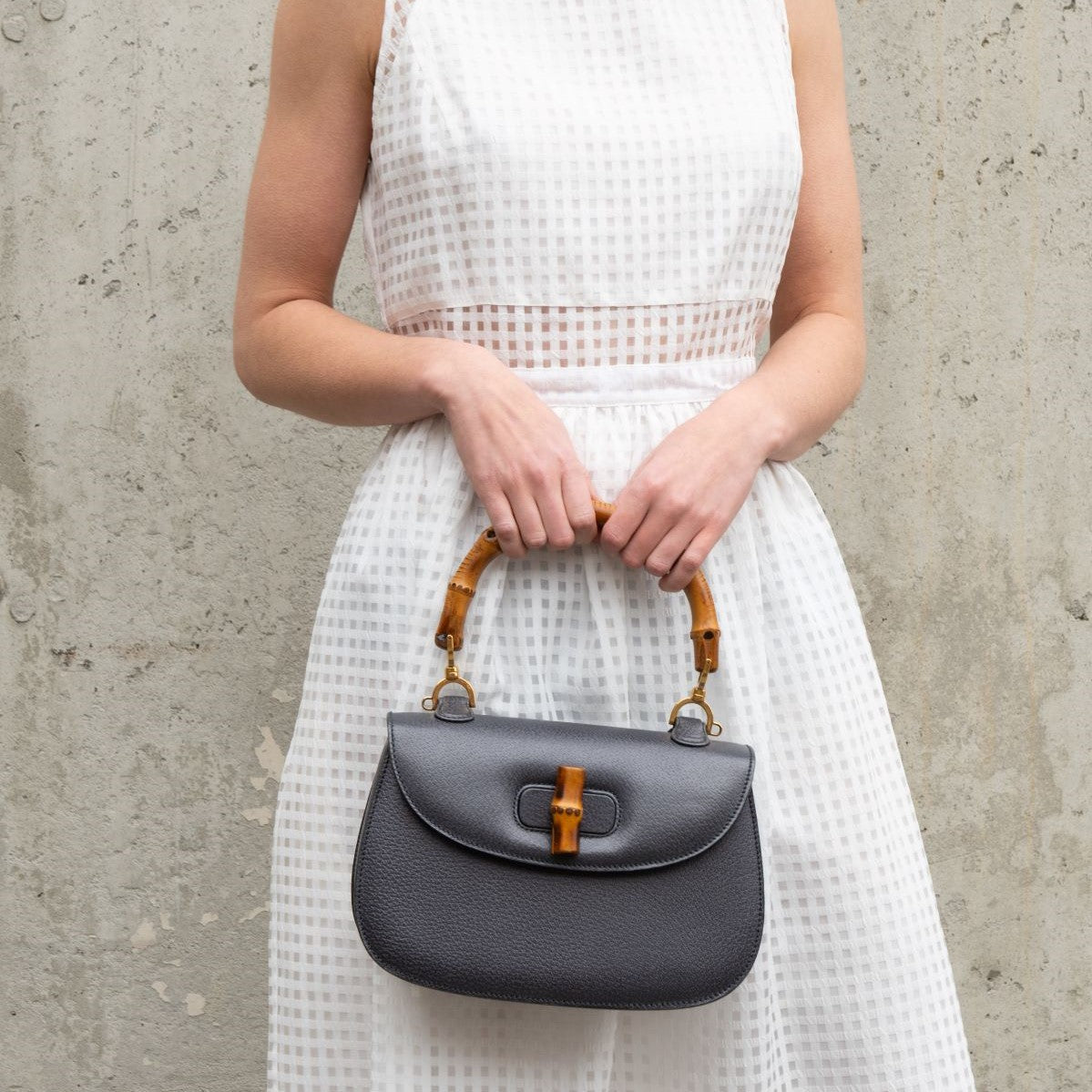 Gucci Gray Grained Calfskin Bamboo Top Handle Bag