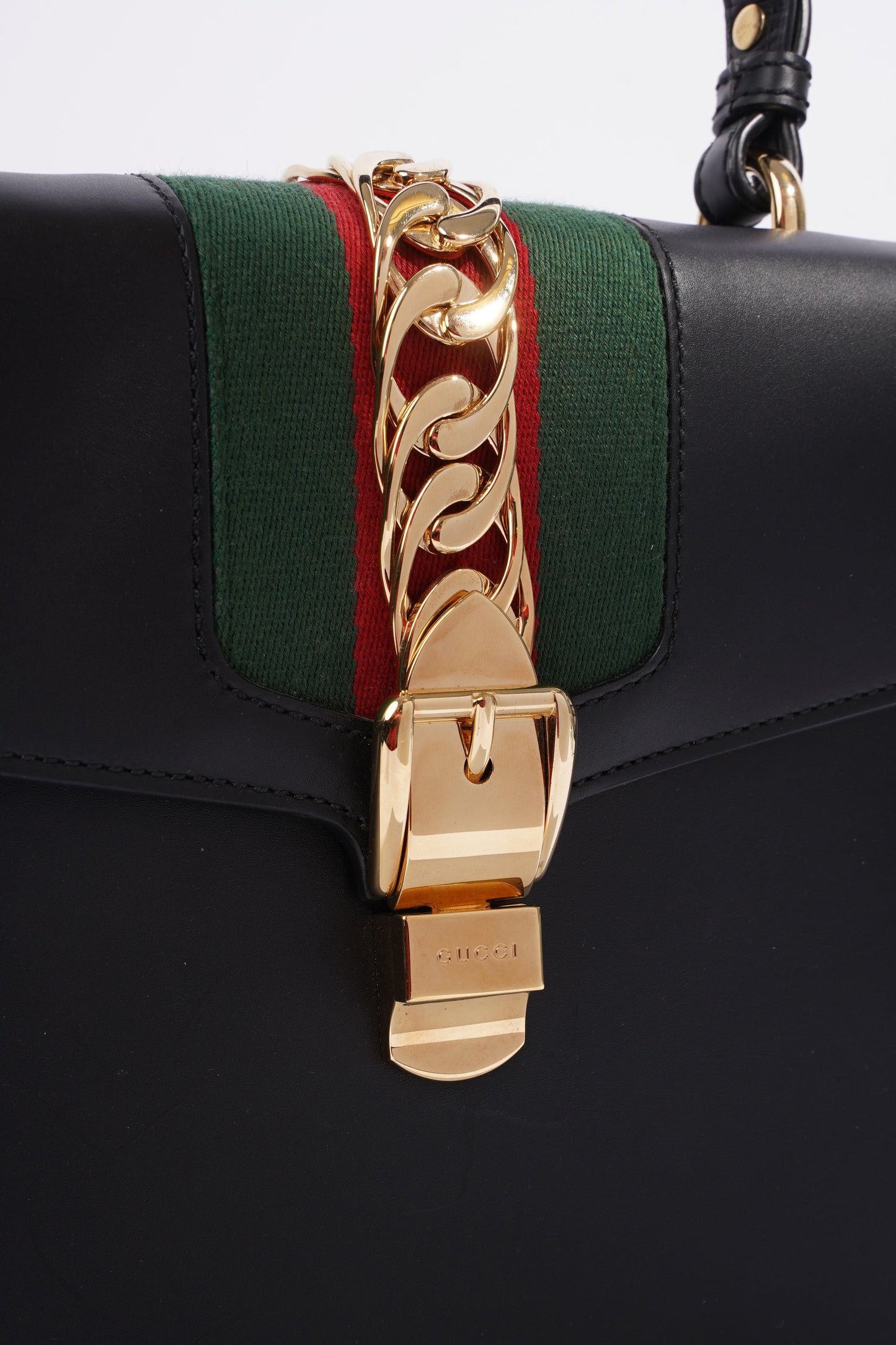 Gucci Sylvie Satchel Black / Gucci Stripe Calfskin Leather Medium