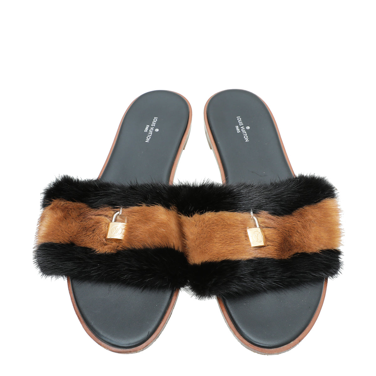 Louis Vuitton Bicolor Lock It Mink Fur Flat Sandal 40