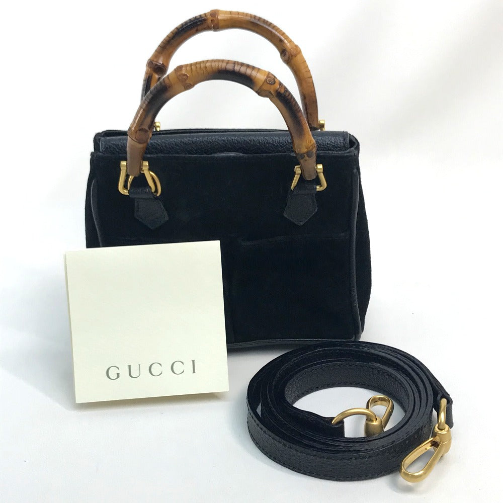 GUCCI Shoulder Bag Suede / leather Black x brown Pochette Bamboo Women Used