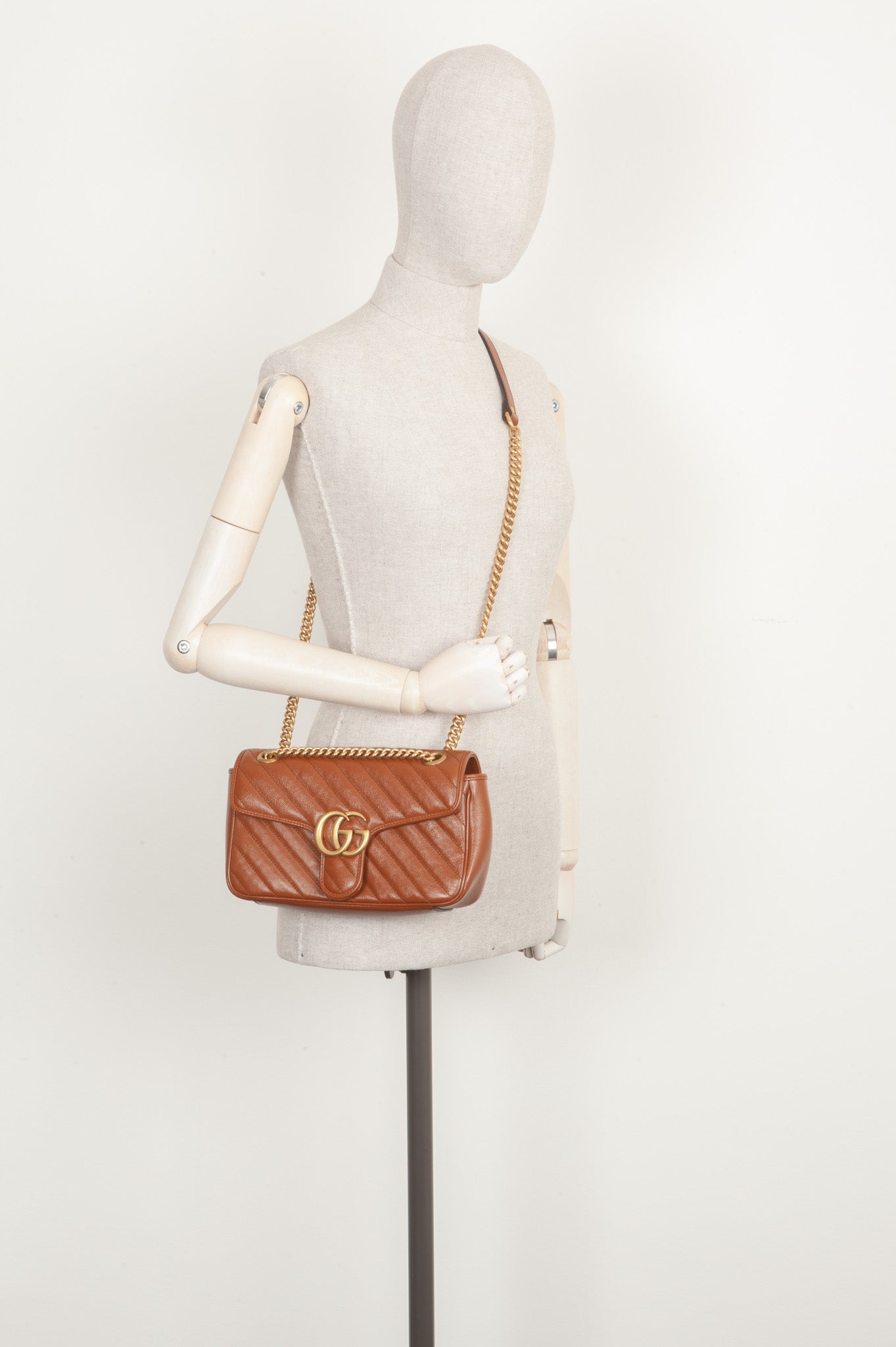 GUCCI Marmont Diagonal Quilted Small Flap Bag Leather Brown