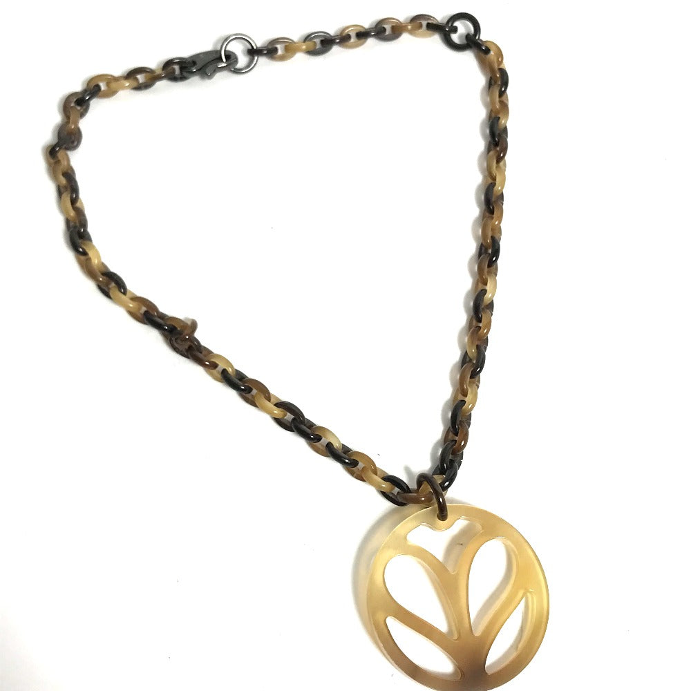 HERMES Necklace Buffalo horn Brown Heart Horn Pendant Women Used
