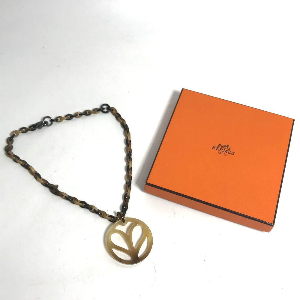 HERMES Necklace Buffalo horn Brown Heart Horn Pendant Women Used