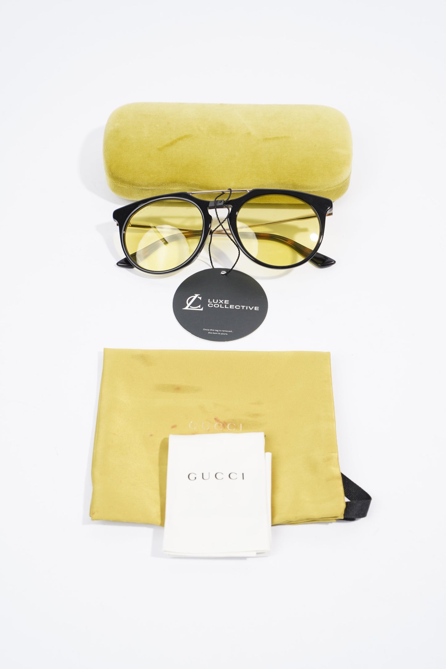 Gucci Yellow Frame Sunglasses Black / Gold / Brown Acetate 53mm 21mm