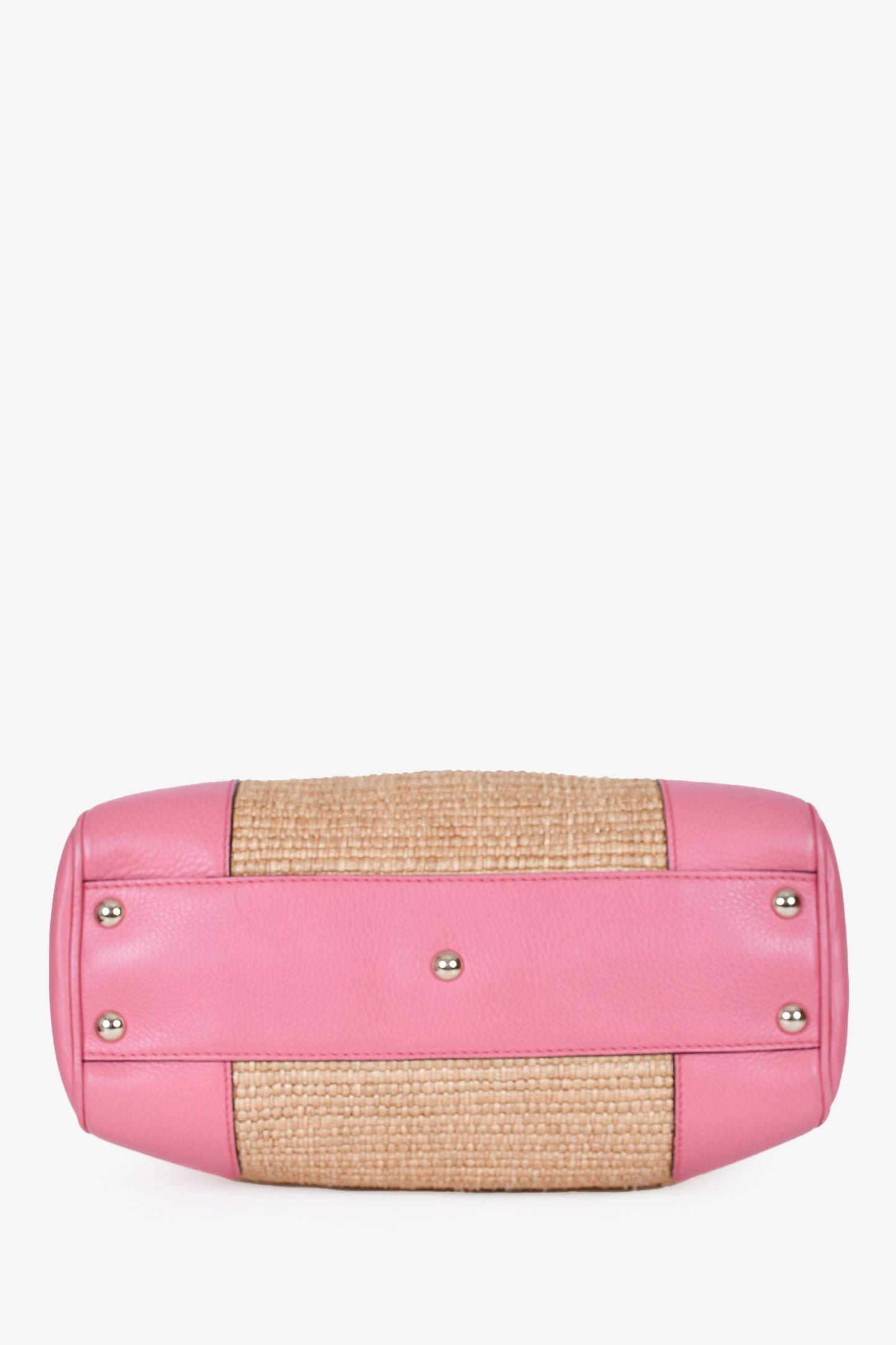 Gucci Pink Leather Trim Raffia Bamboo Top Handle With Strap