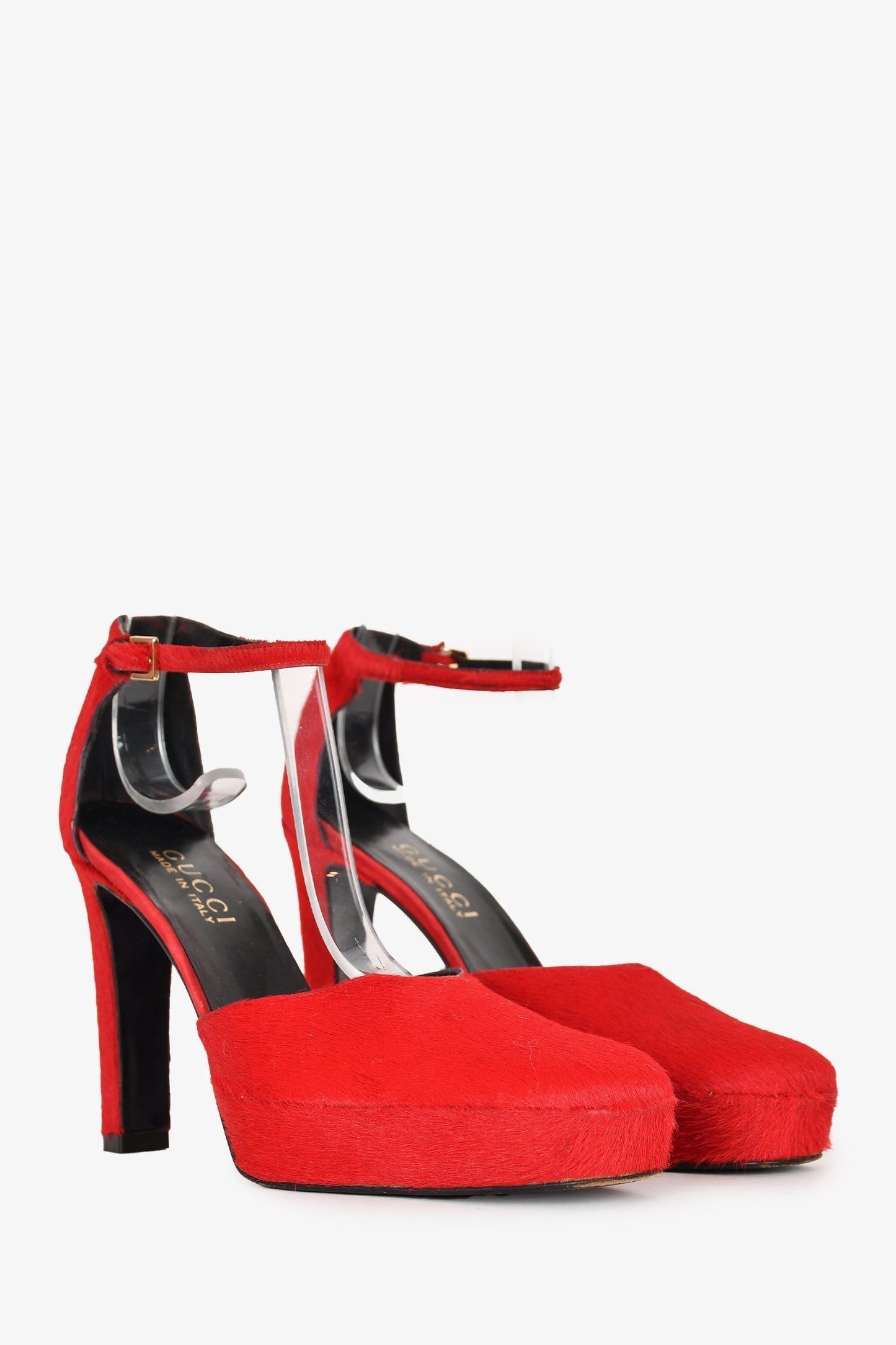 Gucci Red 'Pony Skin' Square Toe Ankle Strap Heels Size 36.5