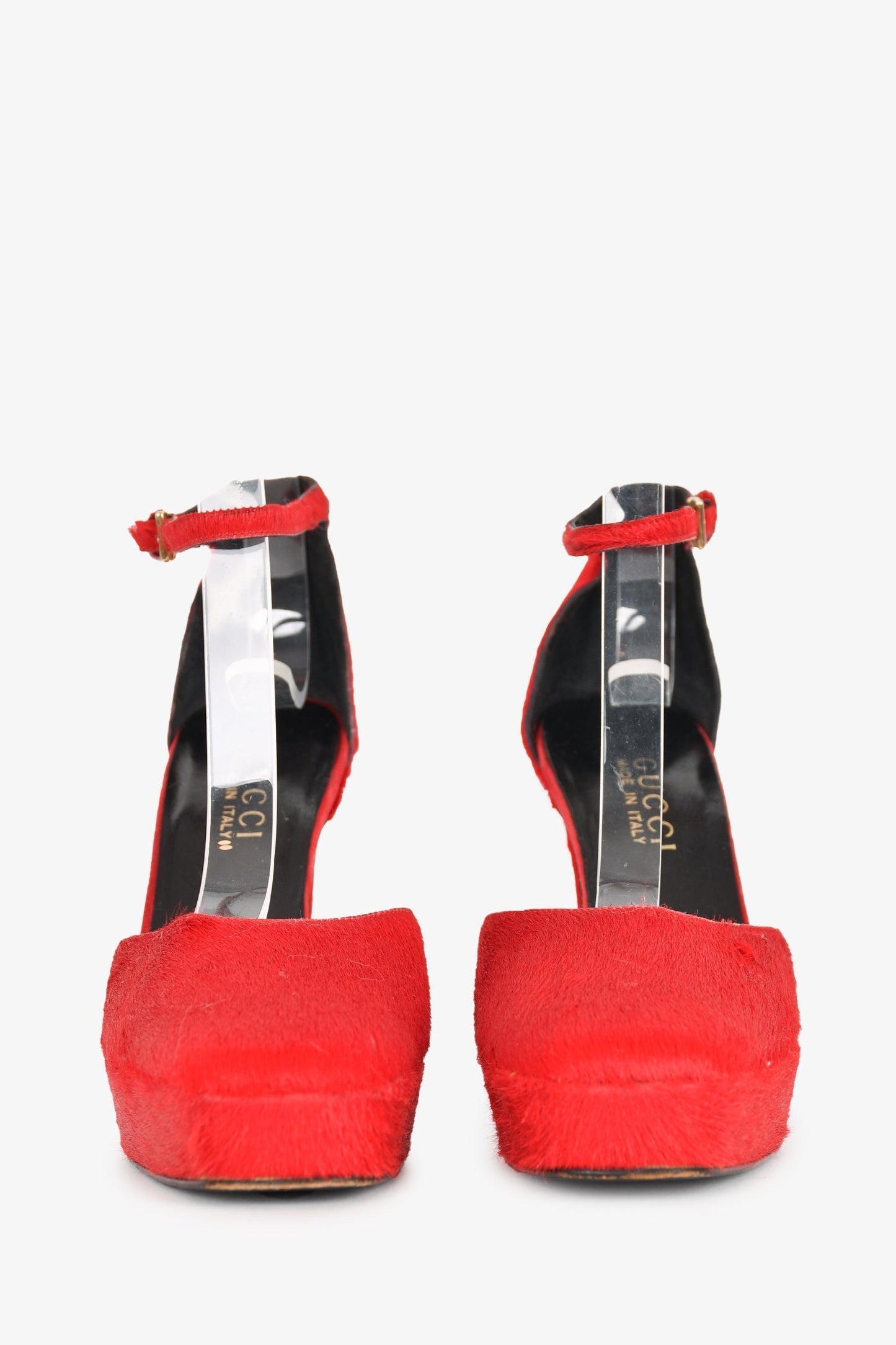 Gucci Red 'Pony Skin' Square Toe Ankle Strap Heels Size 36.5