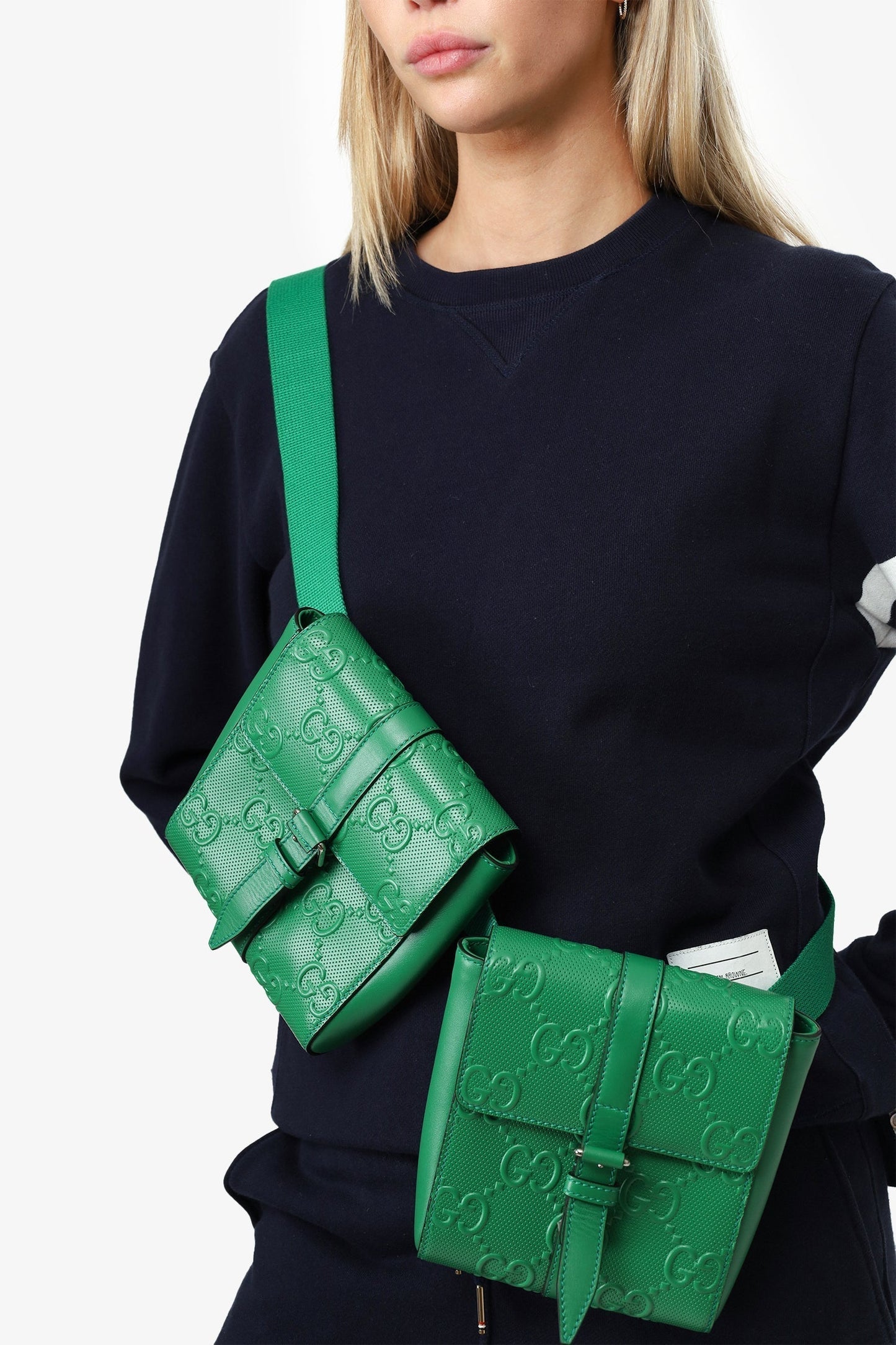 Gucci Green Calfskin GG Embossed Double Belt Bag