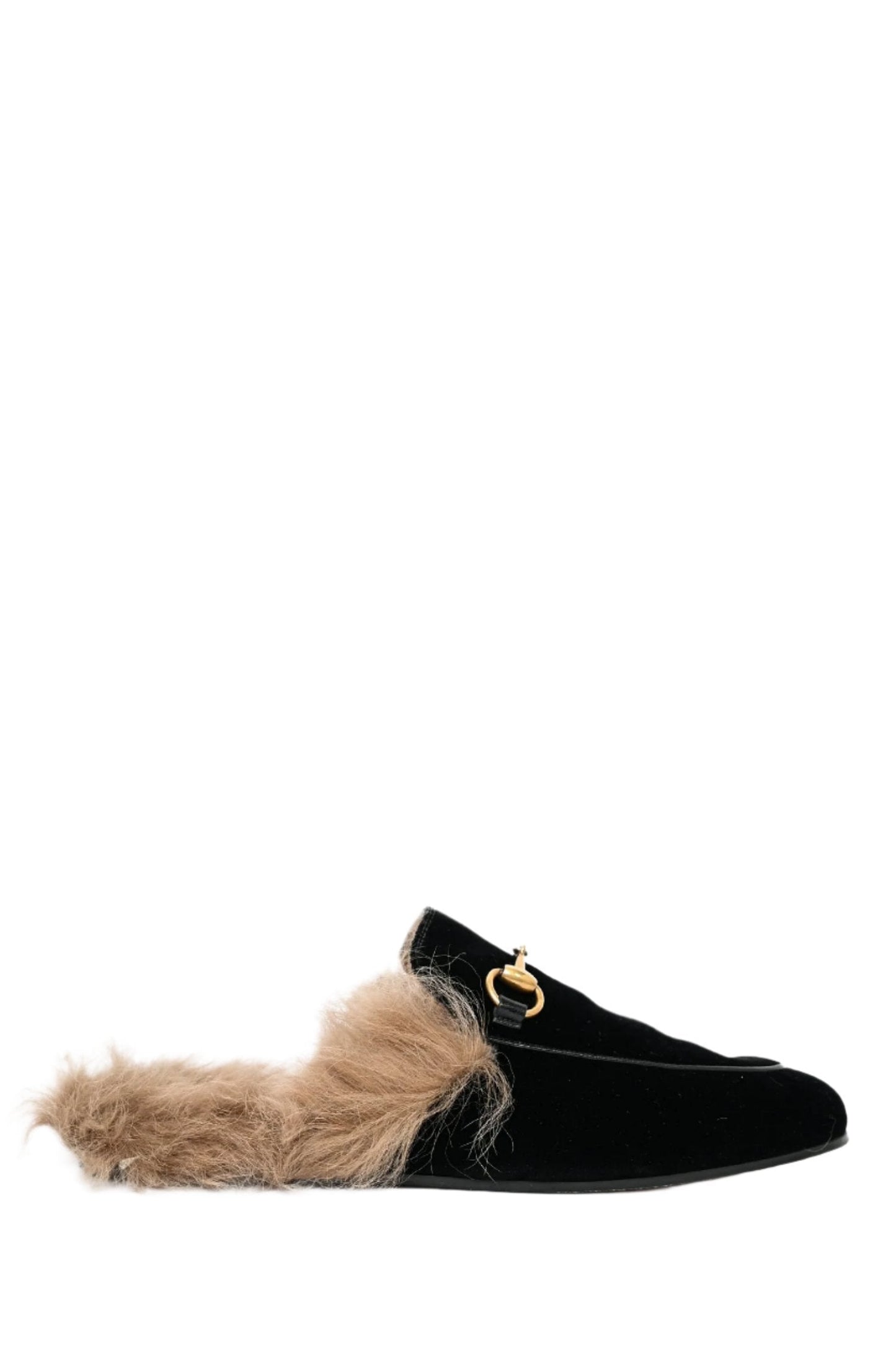 Gucci Velvet Navy Fur Princetown Slides Size 6.5