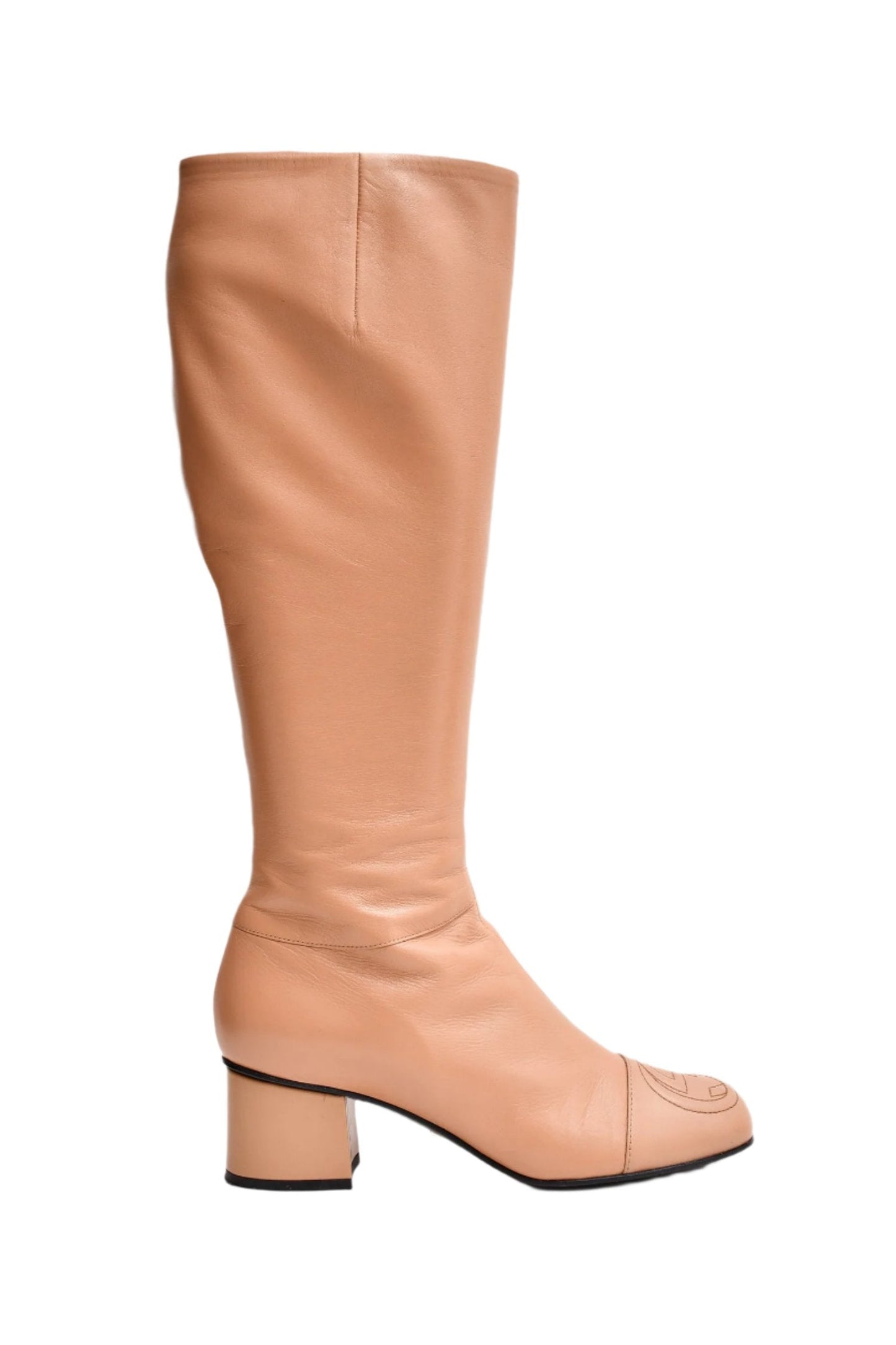 Gucci Beige Leather GG Logo Toe Cap Knee High Boots Size 38