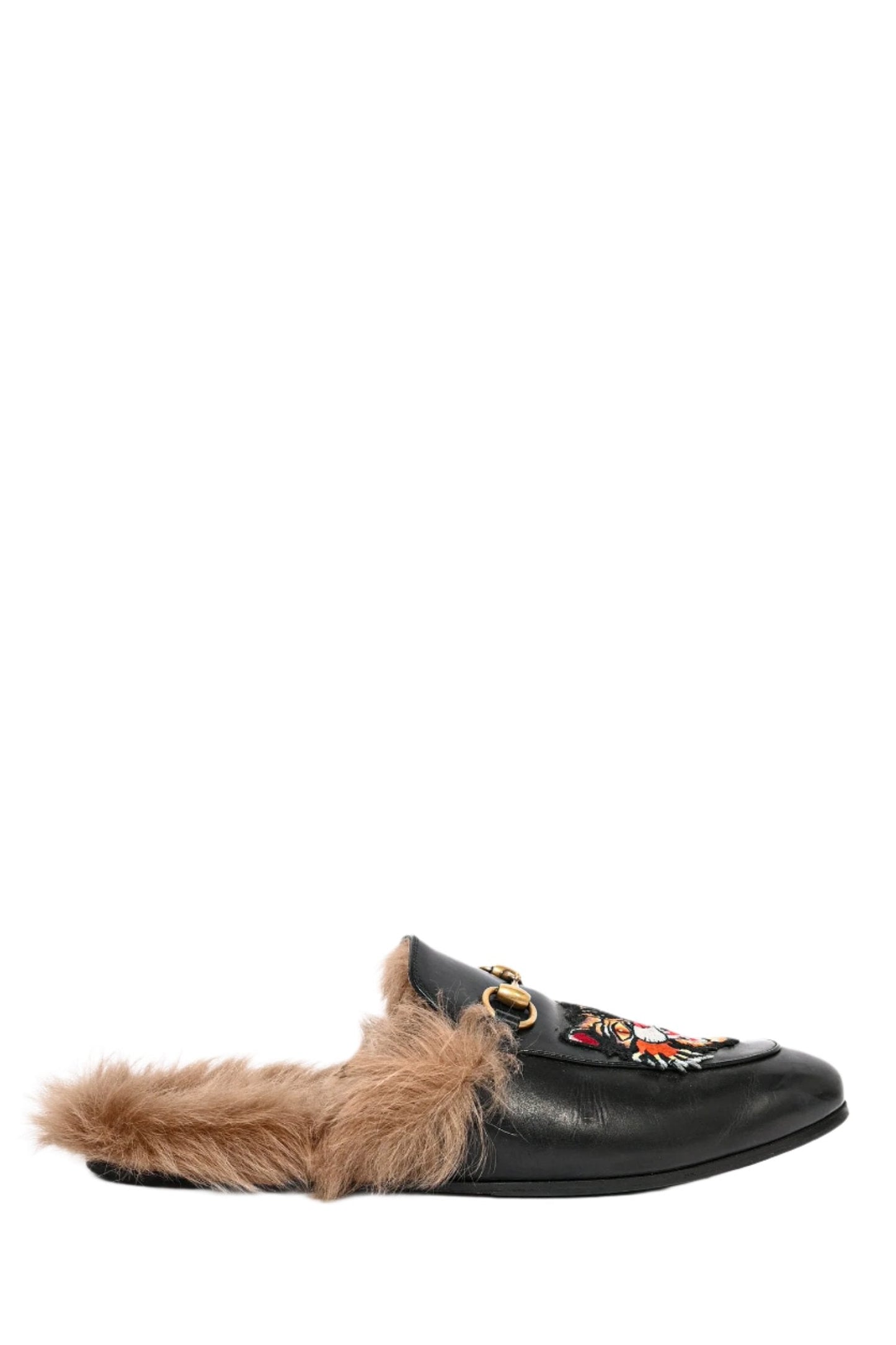 Gucci Black Leather Tiger Embroidered Slip On Fur Loafers Size 10 Mens