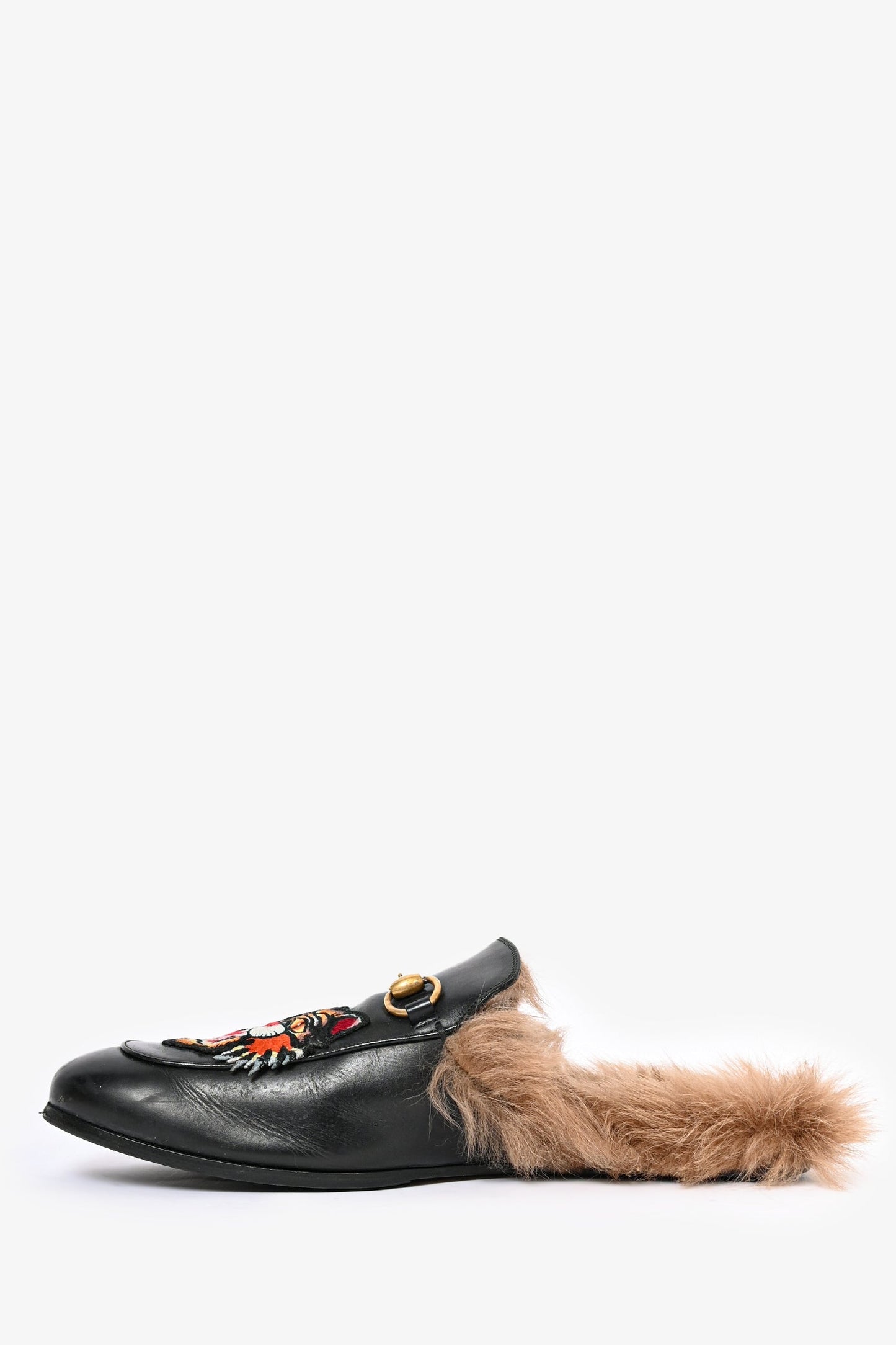 Gucci Black Leather Tiger Embroidered Slip On Fur Loafers Size 10 Mens