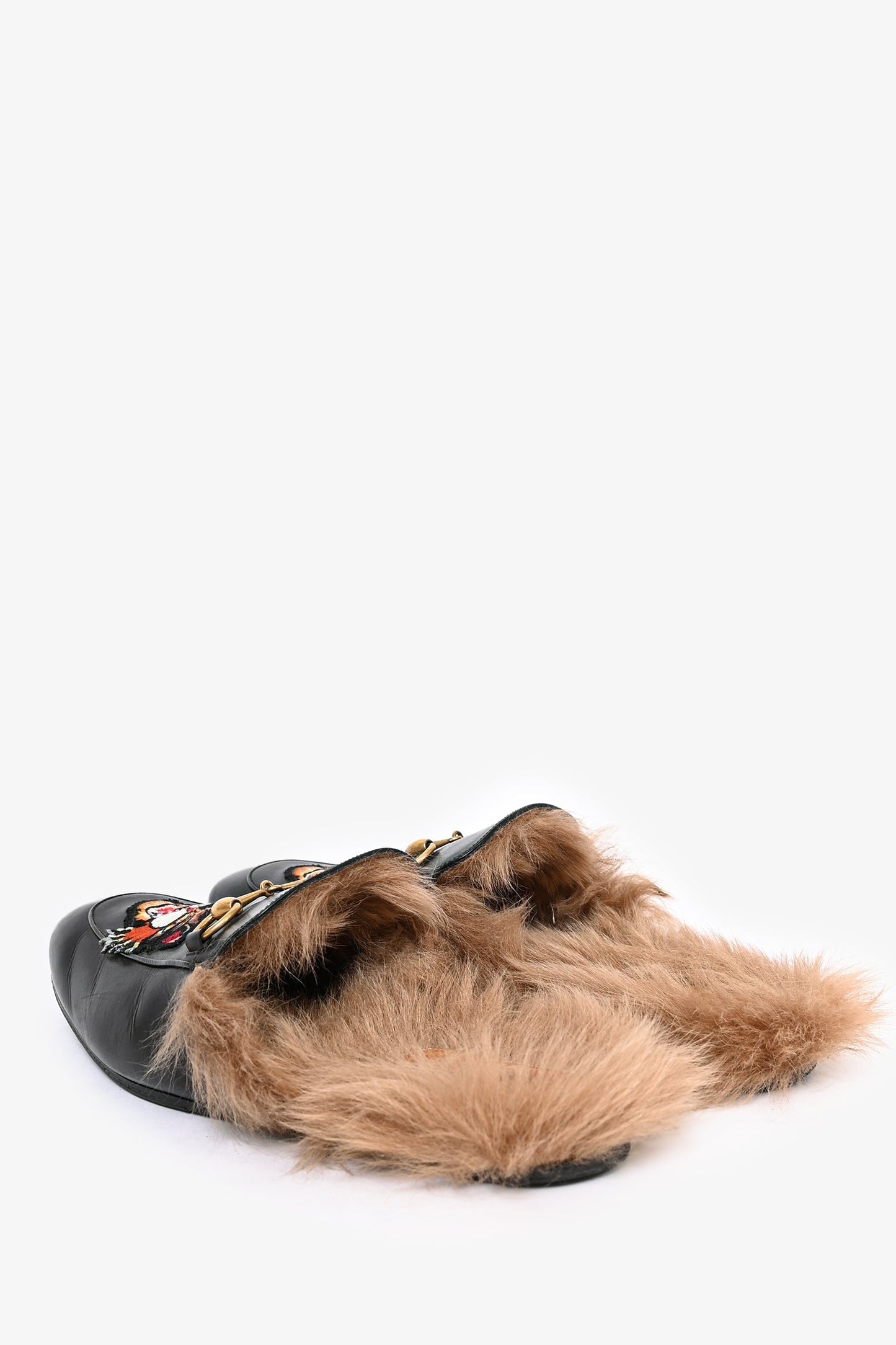Gucci Black Leather Tiger Embroidered Slip On Fur Loafers Size 10 Mens