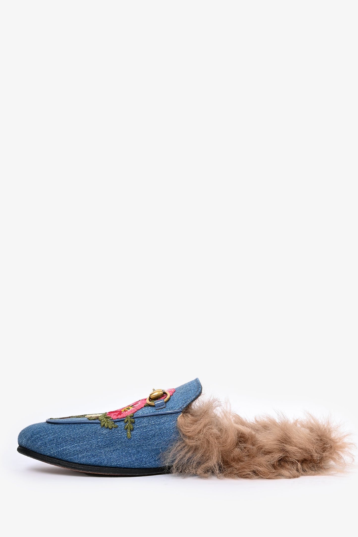 Gucci Blue Denim Embroidered Princetown Slip-On Mules Size 36