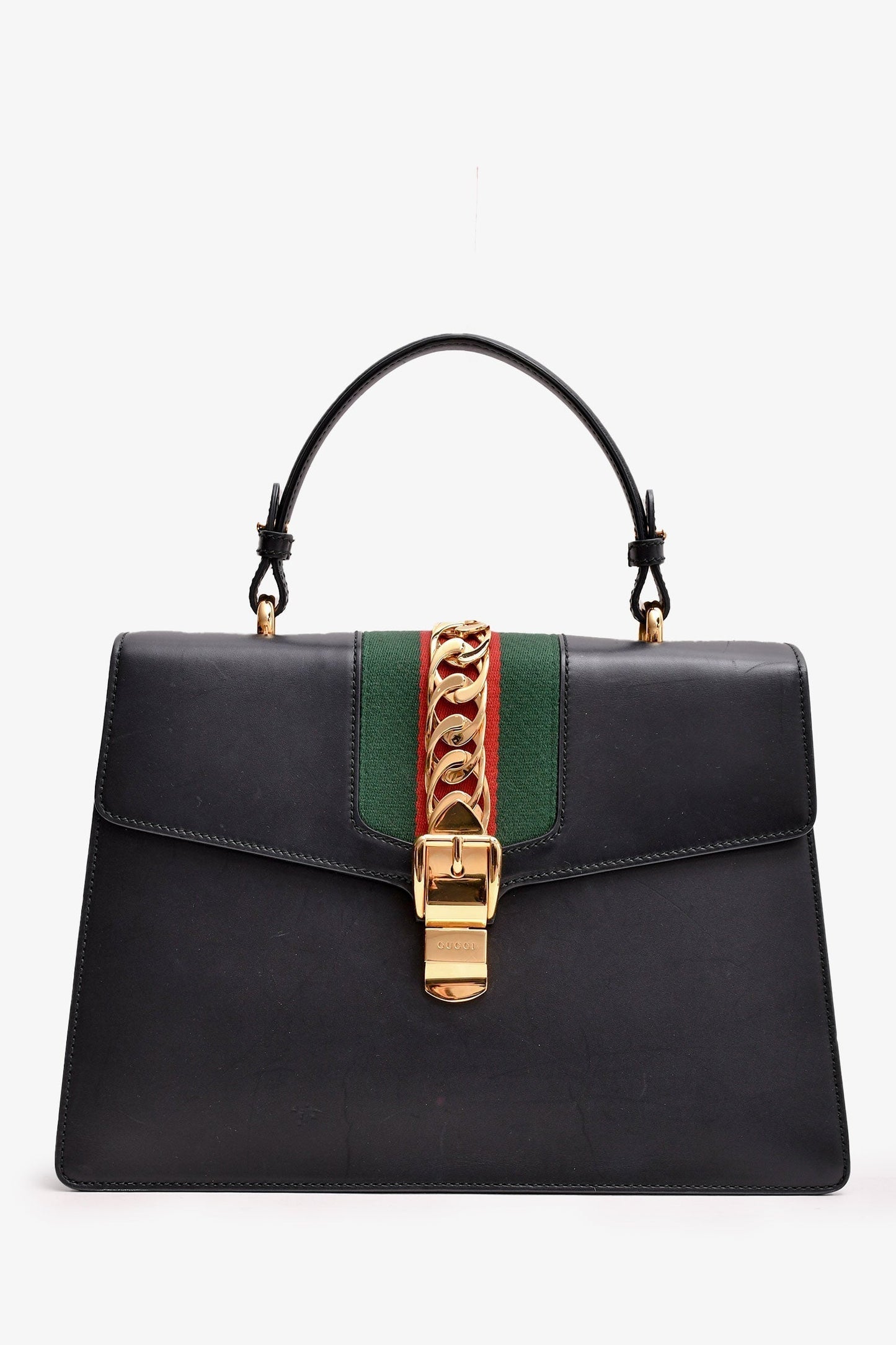 Gucci Black Leather Web Detail Sylvie Top Handle With Strap