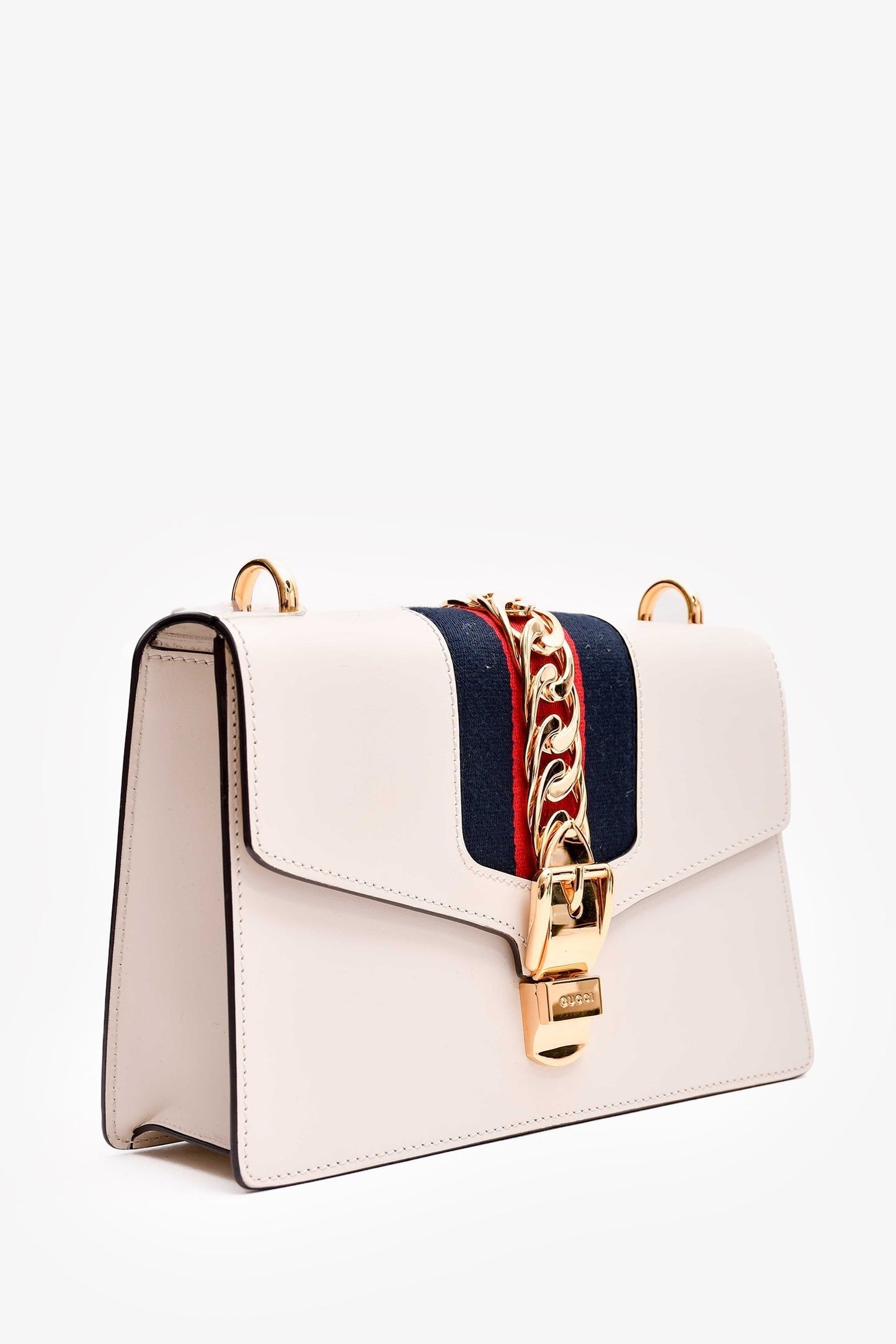 Gucci White Leather Small Web Detail Sylvie Bag With Strap