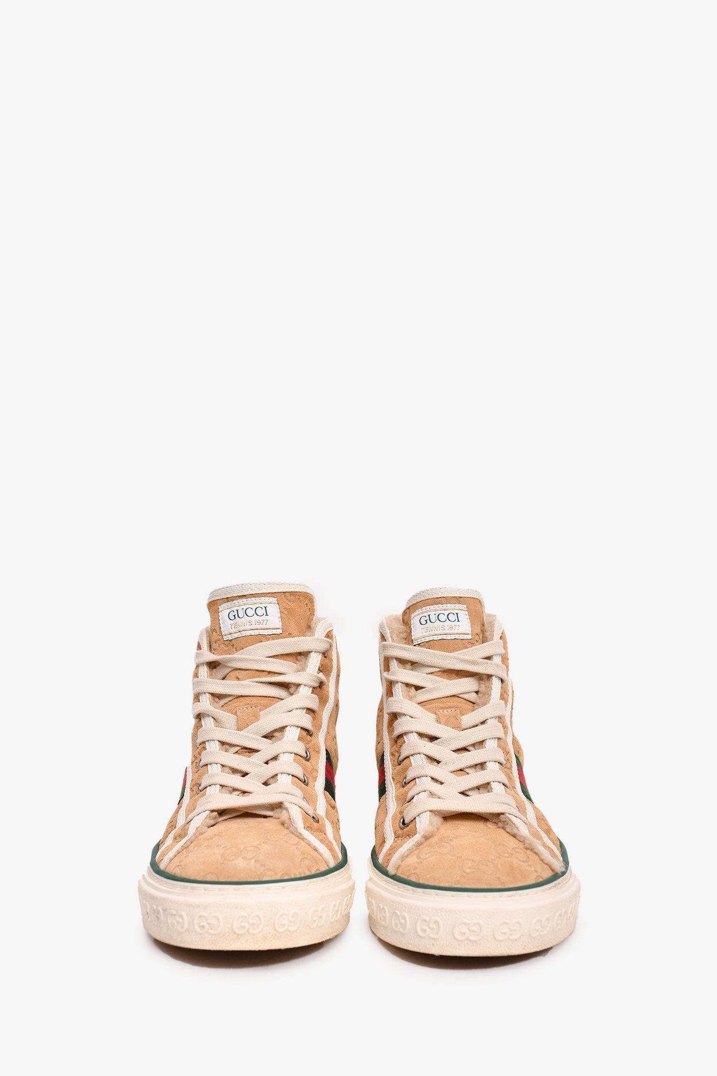 Gucci Beige Suede Leather Shearling Lined GG Supreme Mid Top Sneakers Size 38