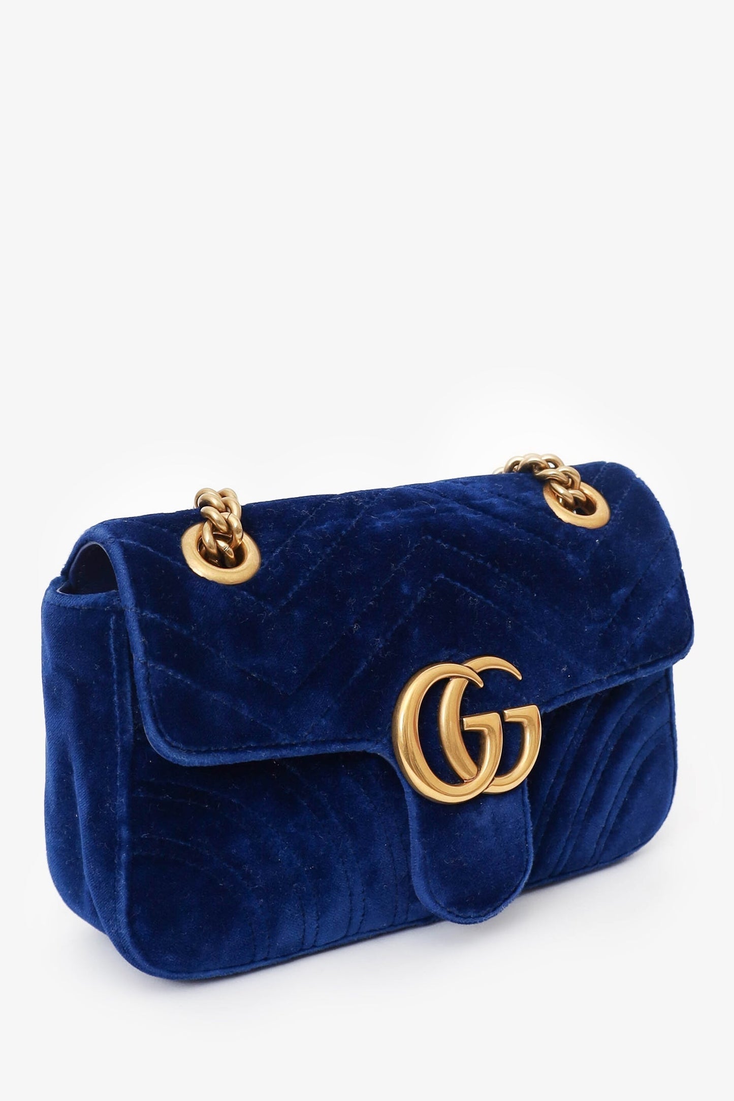 Gucci Navy Matelasse Velvet Mini GG Marmont Shoulder Bag