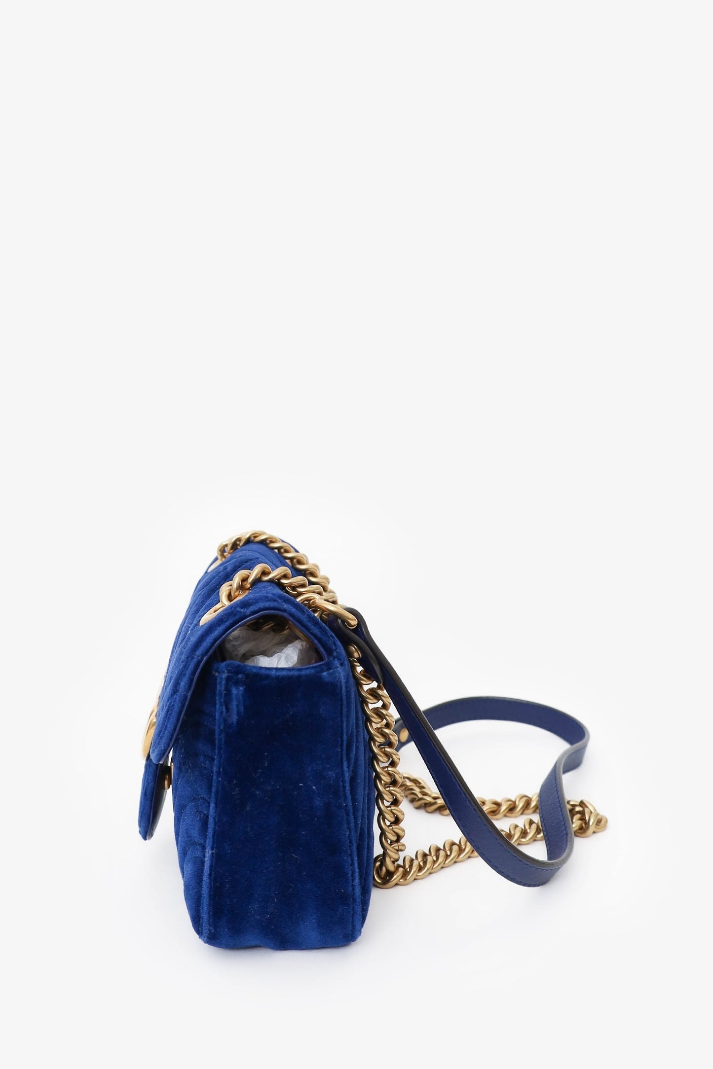 Gucci Navy Matelasse Velvet Mini GG Marmont Shoulder Bag