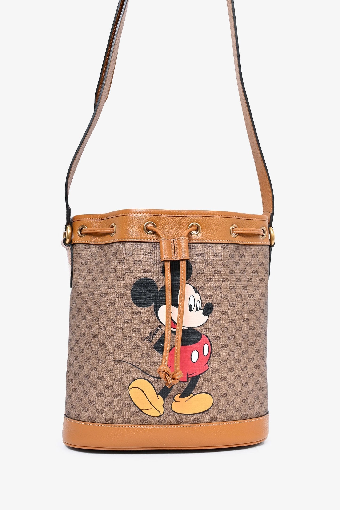 Gucci Brown Canvas Leather GG Mickey Mouse Bucket Bag