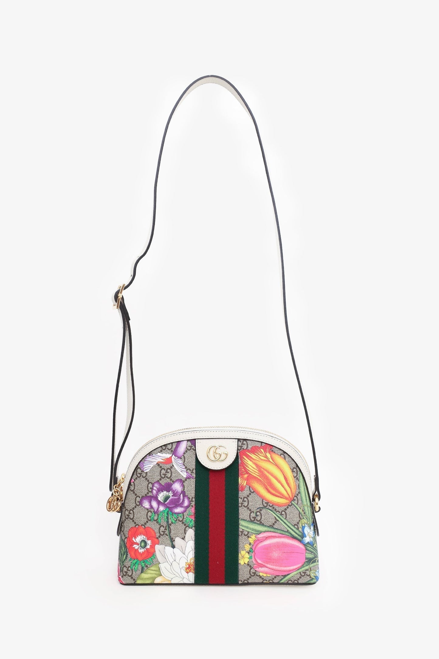 Gucci Off White/Beige GG Supreme Canvas Small Floral Ophidia Shoulder Bag