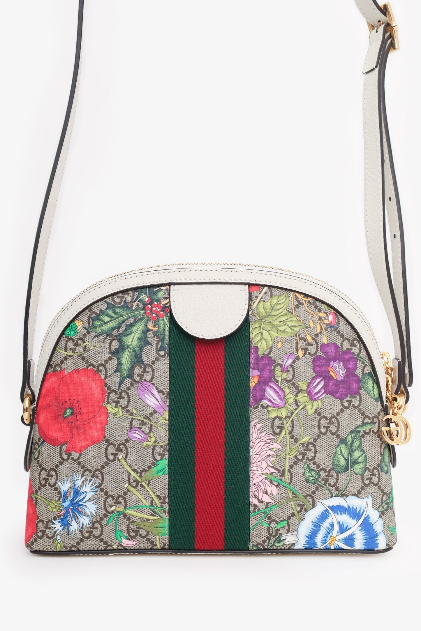 Gucci Off White/Beige GG Supreme Canvas Small Floral Ophidia Shoulder Bag