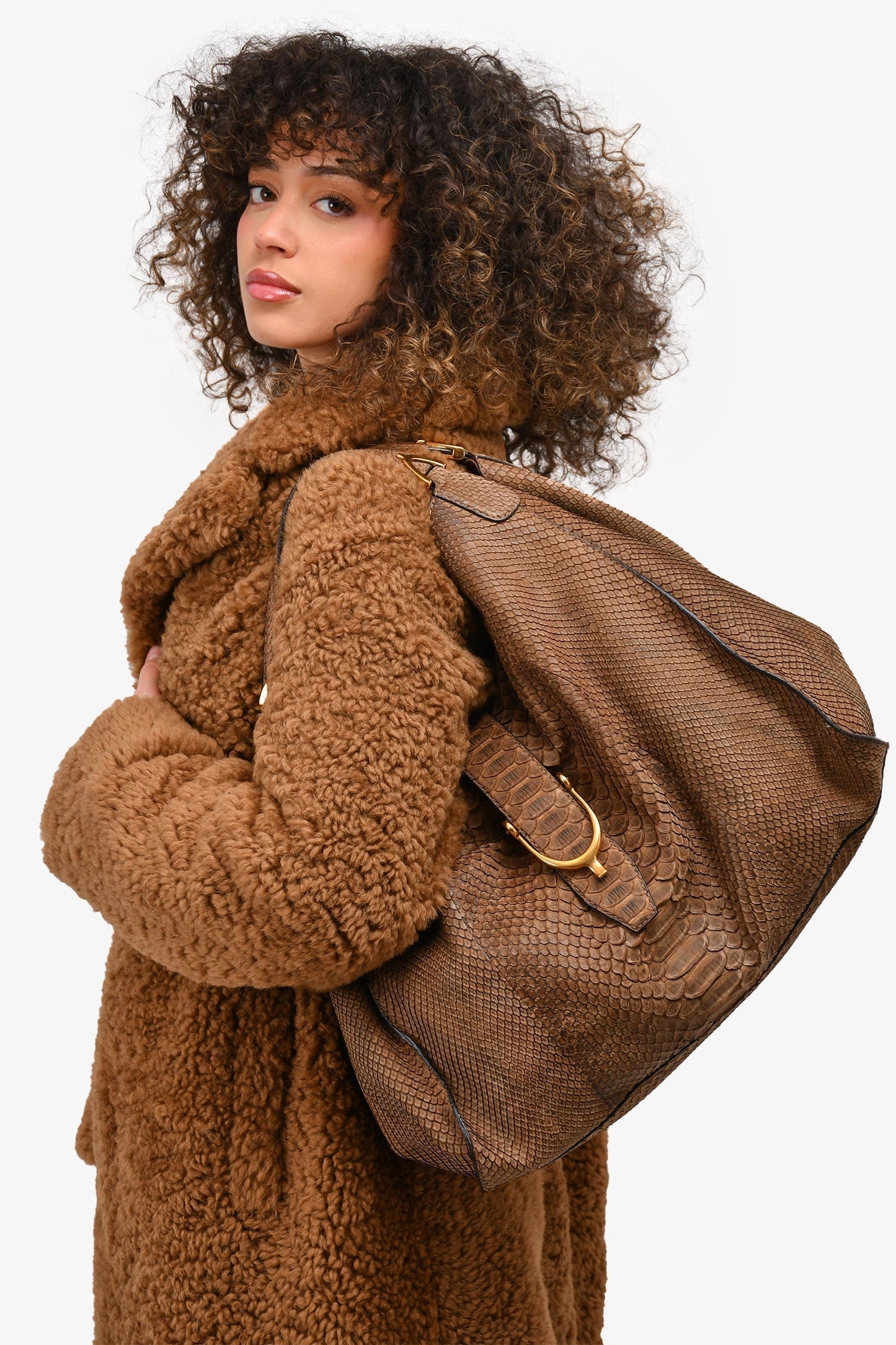Gucci Brown Python Large Soft Stirrup Hobo Bag