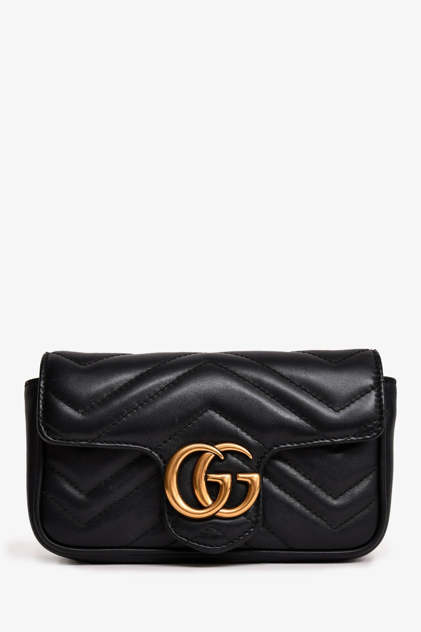 Gucci Black Leather Chevron Quilted GG Marmont Super Mini Bag
