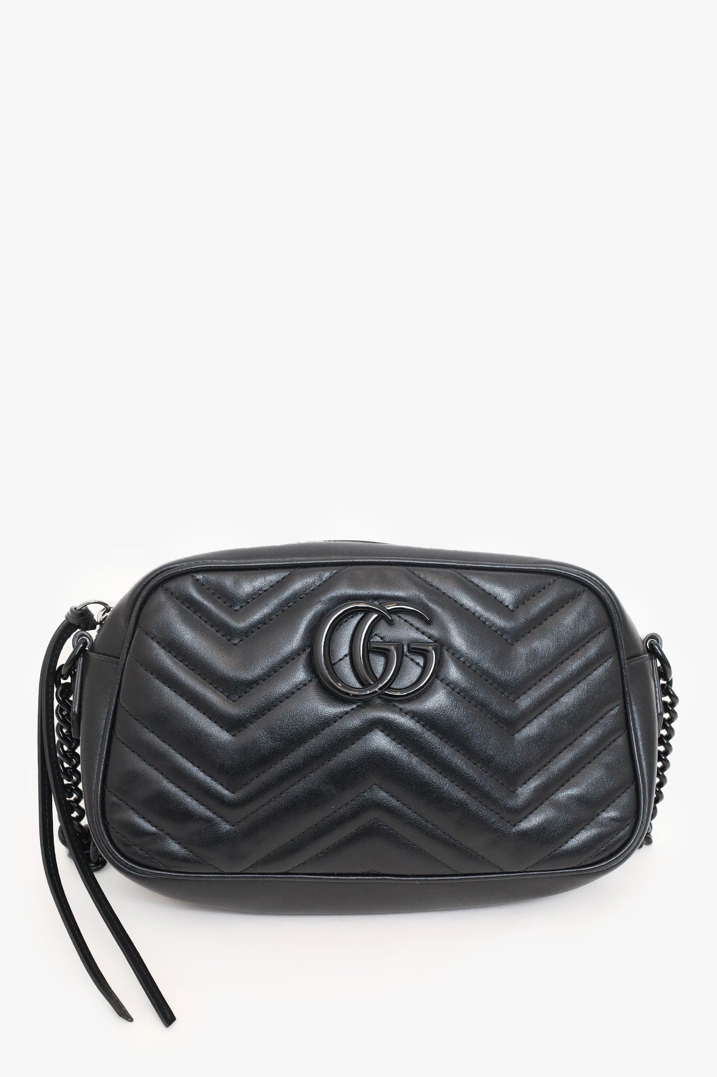 Gucci So Black Chevron Leather Marmont Small Camera Bag