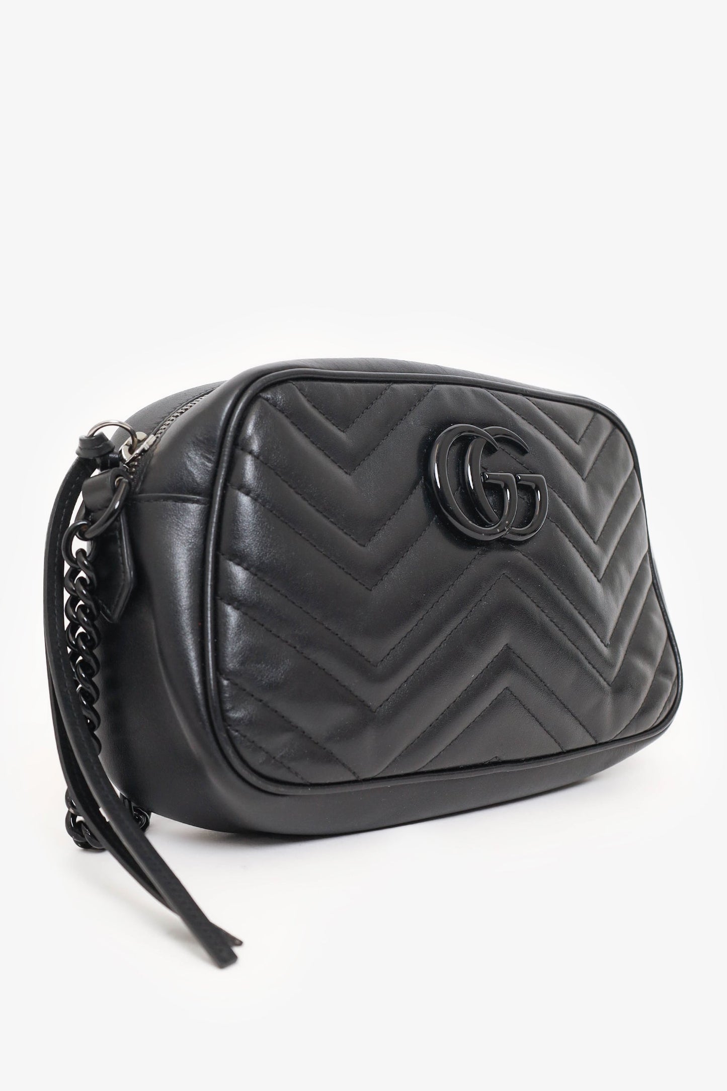 Gucci So Black Chevron Leather Marmont Small Camera Bag