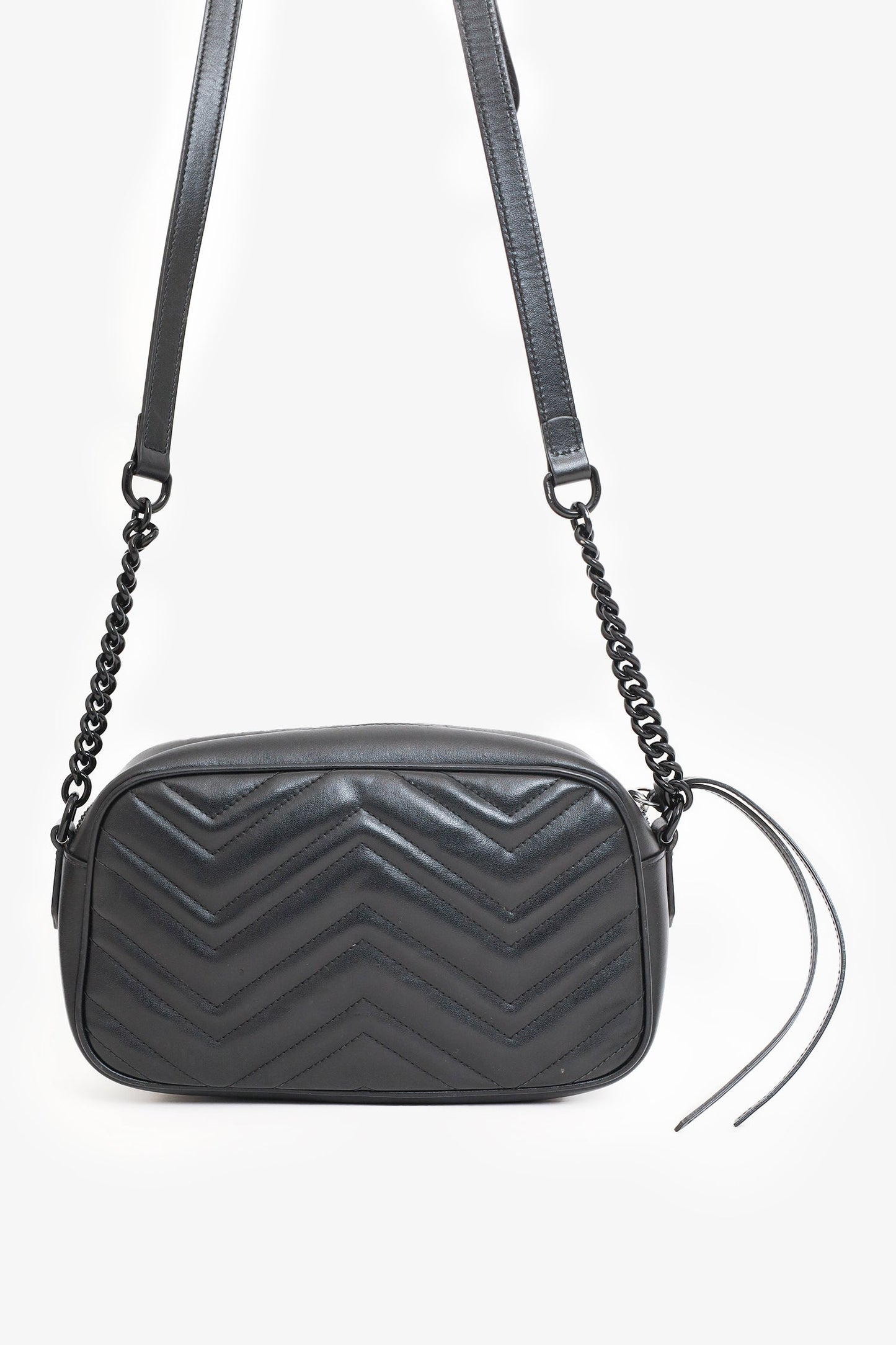 Gucci So Black Chevron Leather Marmont Small Camera Bag